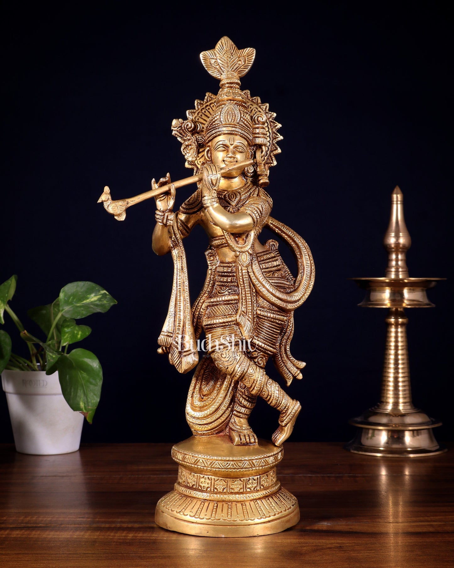 Pure Brass Lord Krishna Statue | 15.5" - Sama Homes Idol - Brass Sculpture