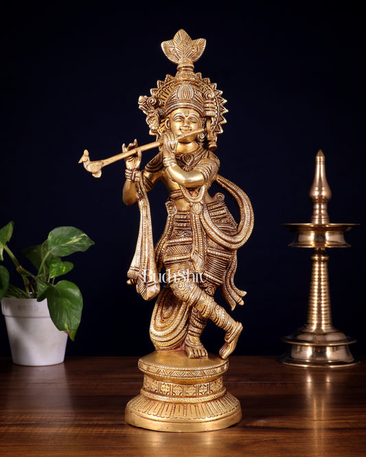 Pure Brass Lord Krishna Statue | 15.5" - Sama Homes Idol - Brass Sculpture