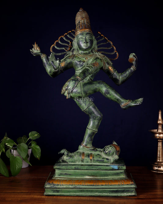 Brass Dancing Shiva Nataraja statue 27 inch Green antique tone | 100% Certified Copper & Brass - Sama Homes Idol - Brass Sculpture