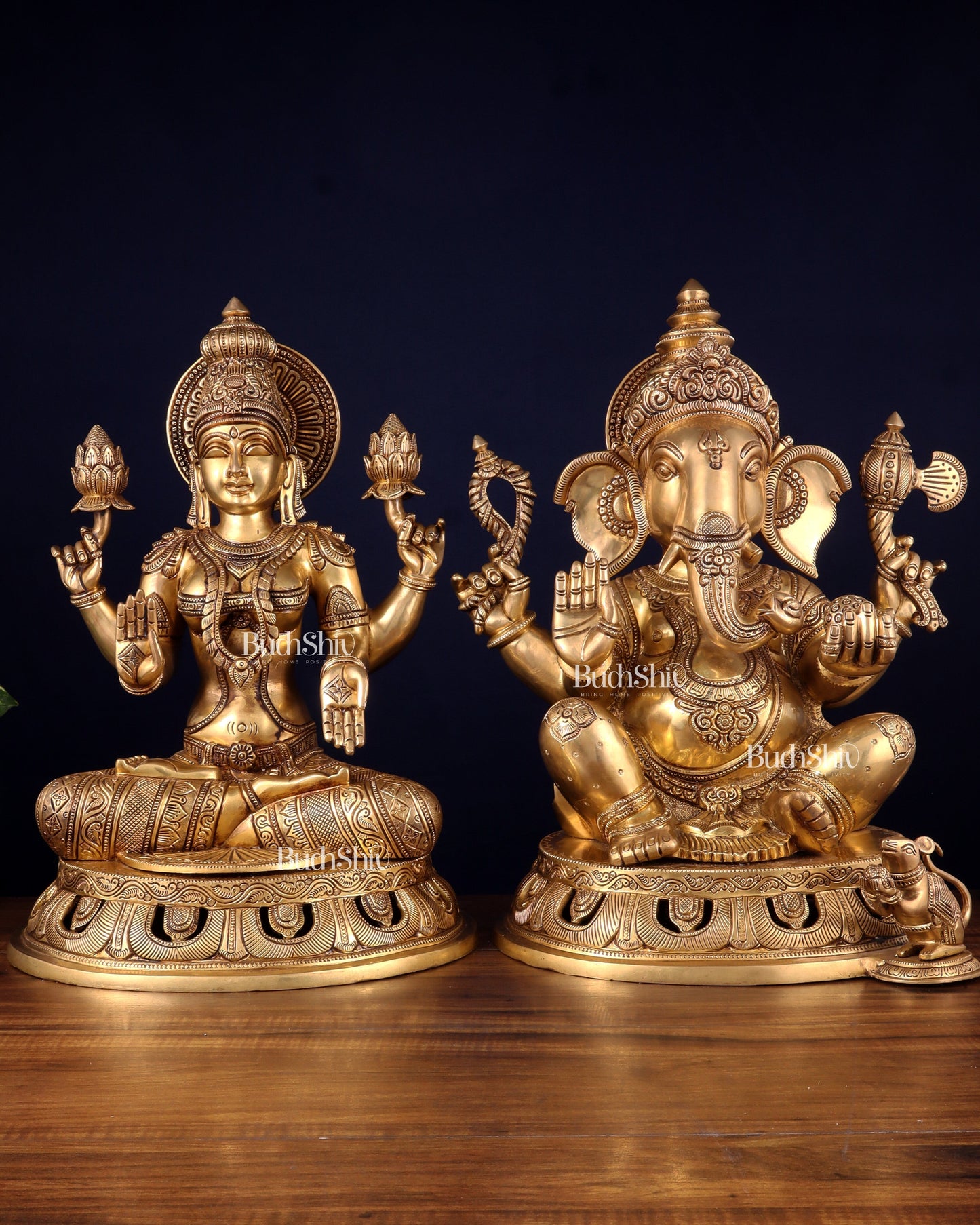 Pure Brass Ganesh Lakshmi Statue Pair – Superfine Handcrafted Idols 18" - Sama Homes Idol - Brass Sculpture