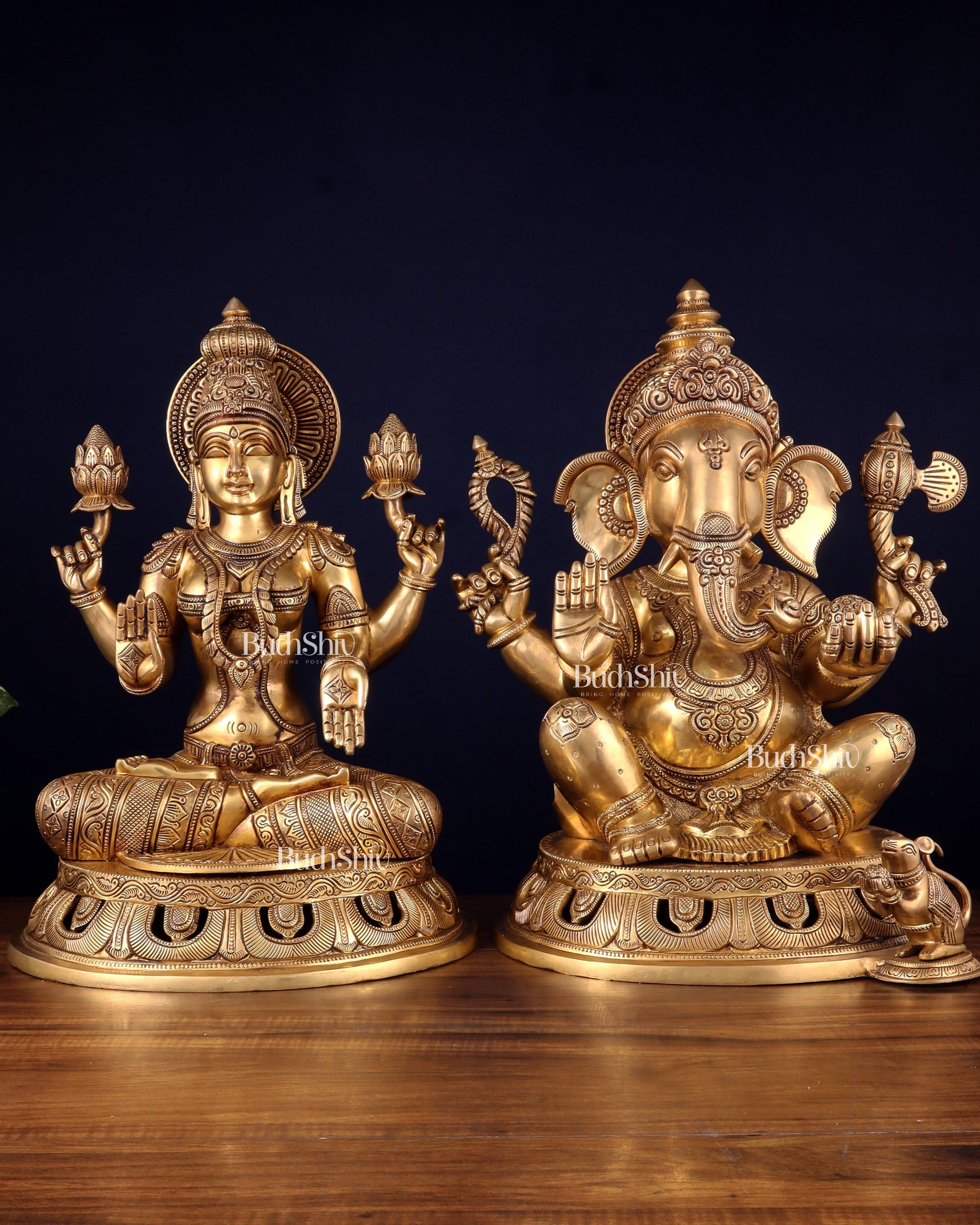 Pure Brass Ganesh Lakshmi Statue Pair – Superfine Handcrafted Idols 18" - Sama Homes Idol - Brass Sculpture - Eco-friendly - Sama Homes