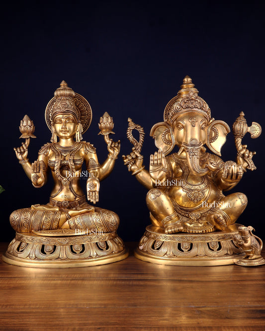 Pure Brass Ganesh Lakshmi Statue Pair – Superfine Handcrafted Idols 18" - Sama Homes Idol - Brass Sculpture