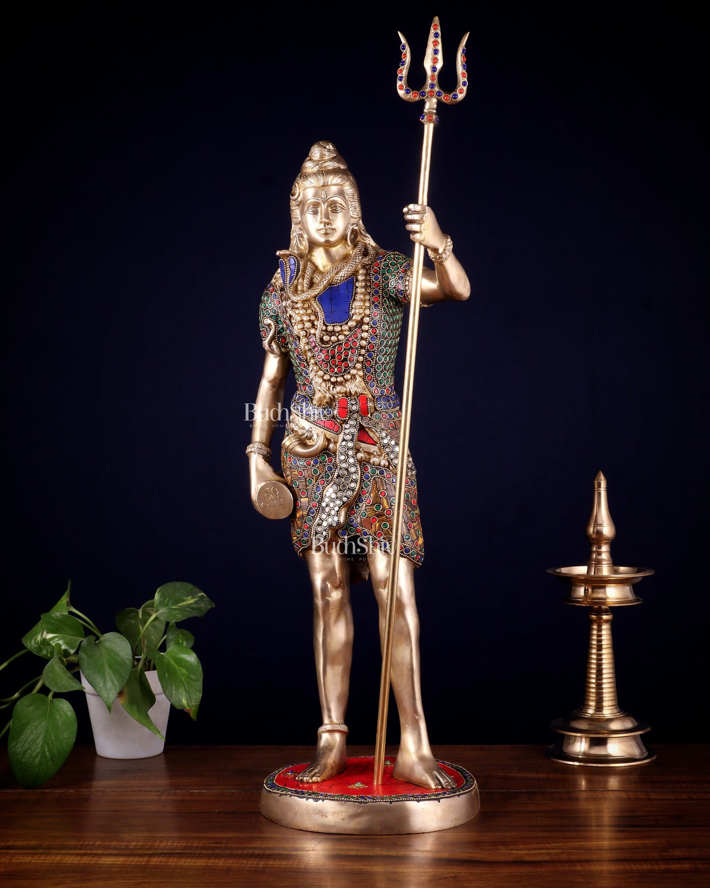 Brass Standing Shiva Statue – meenakari Stonework | 26" | 100% Certified Copper & Brass - Sama Homes Idol - Brass Sculpture