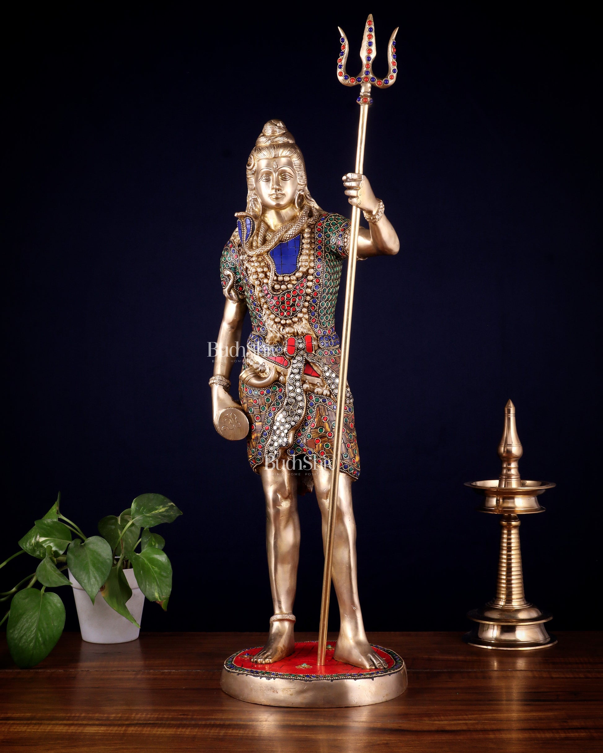 Brass Standing Shiva Statue – meenakari Stonework | 26" | 100% Certified Copper & Brass - Sama Homes Idol - Brass Sculpture - Eco-friendly - Sama Homes