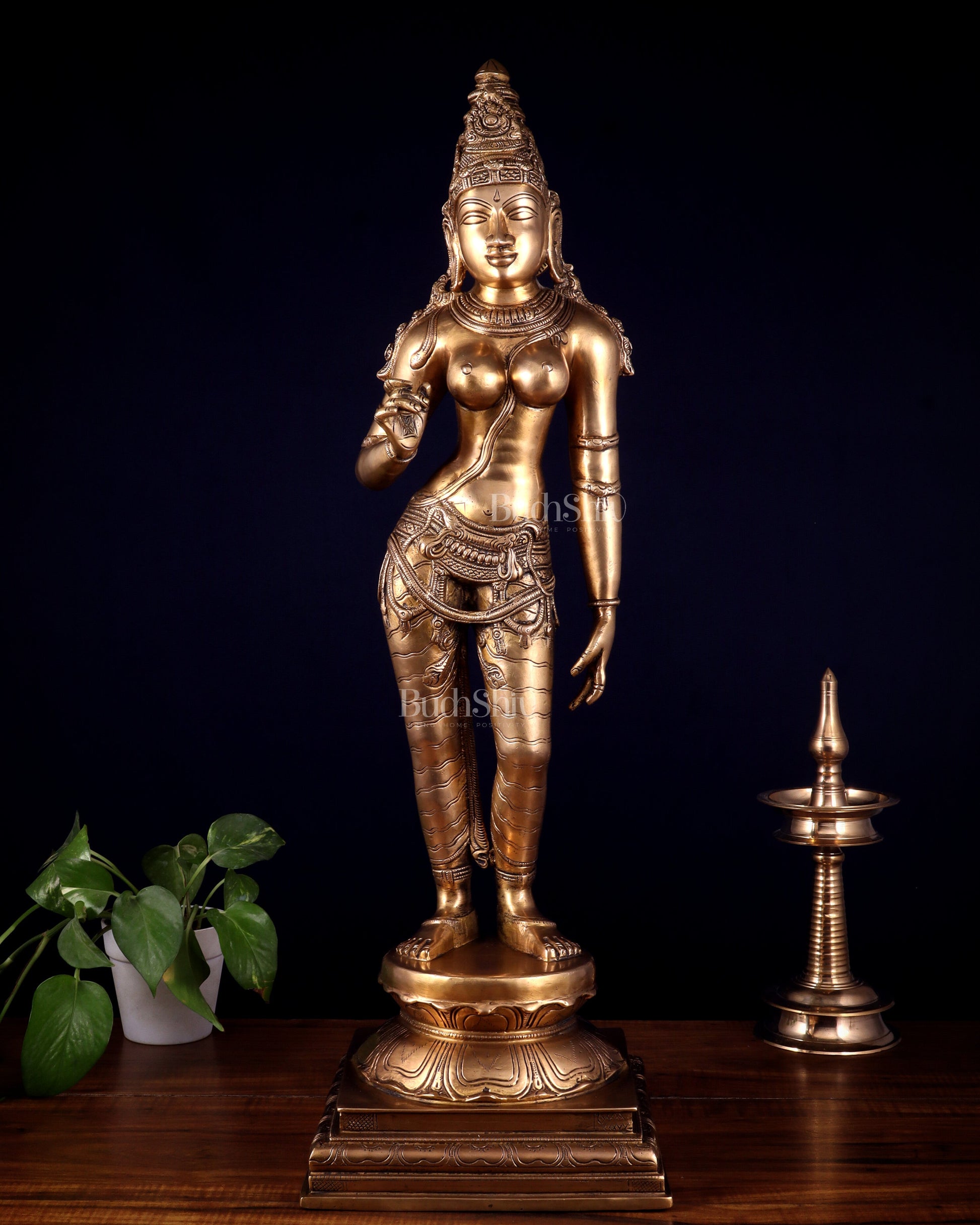 Brass Bhoga Shakti Uma Parvati Standing Sculpture – 27" Height | 100% Certified Copper & Brass - Sama Homes Idol - Brass Sculpture - Eco-friendly - Sama Homes