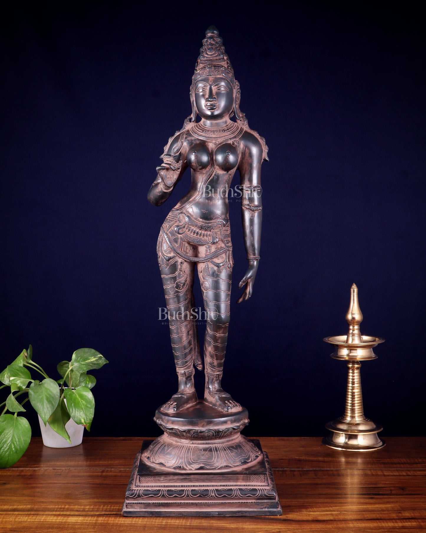 Pure Brass Bhoga Shakti Uma Parvati Standing Sculpture – 27" Height, Chola Style - Sama Homes Idol - Brass Sculpture