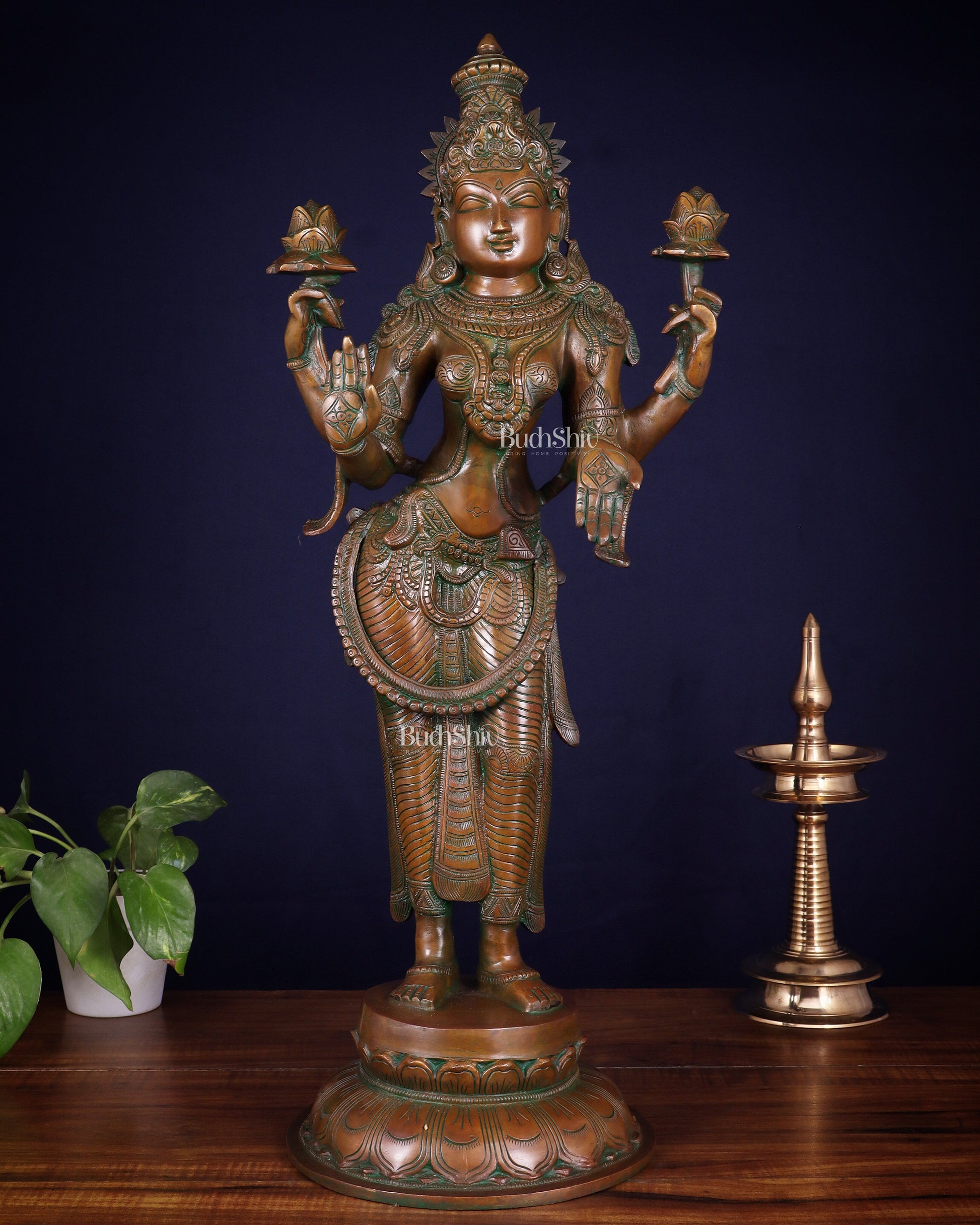 Brass Standing Lakshmi Statue – 24.5” chola bronze layer | 100% Certified Copper & Brass - Sama Homes Idol - Brass Sculpture - Eco-friendly - Sama Homes