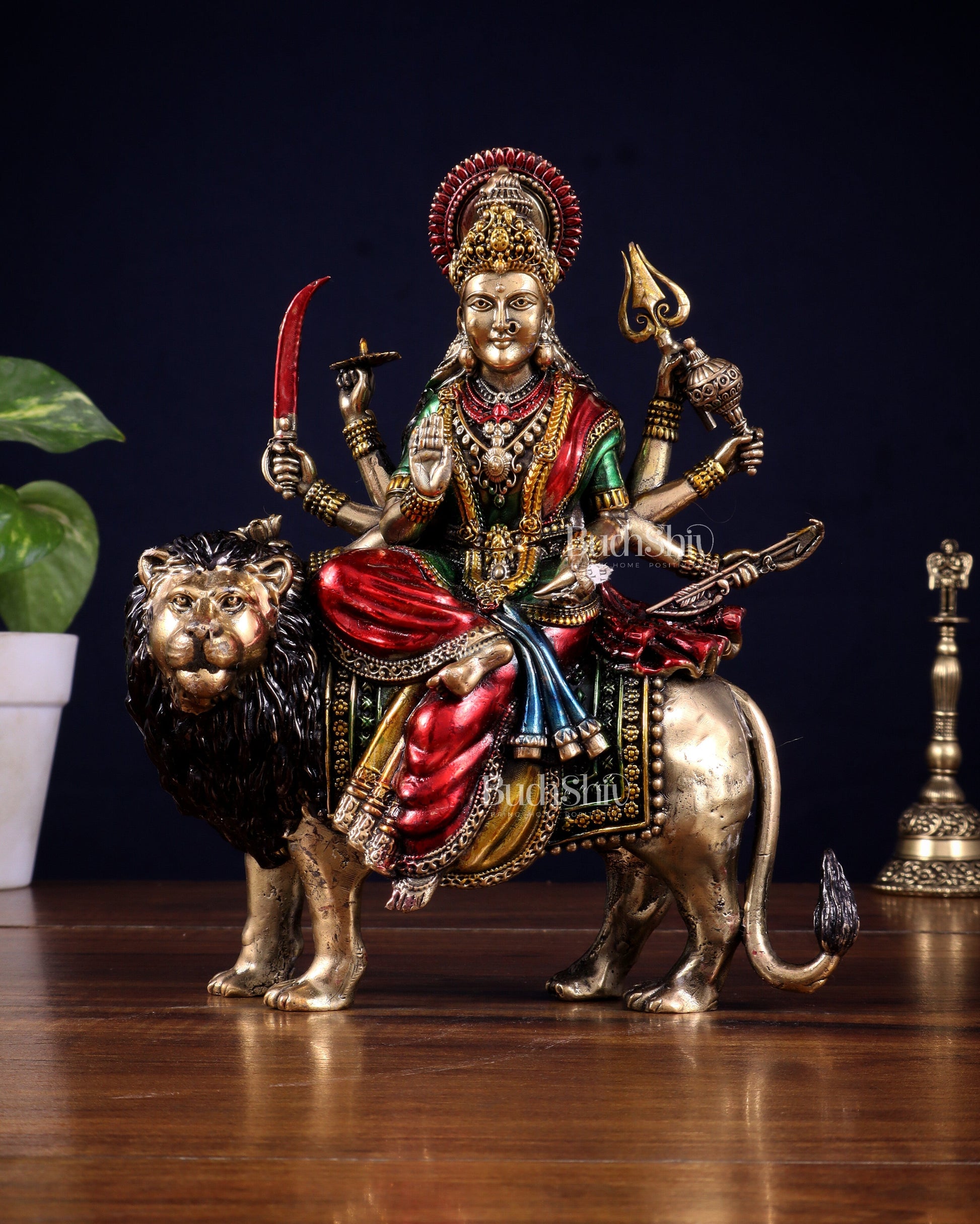 Brass Superfine Goddess Durga Ambe Mata Sitting on Lion - 8" Tall hand-painted - Sama Homes Idol - Brass Sculpture - Eco-friendly - Sama Homes