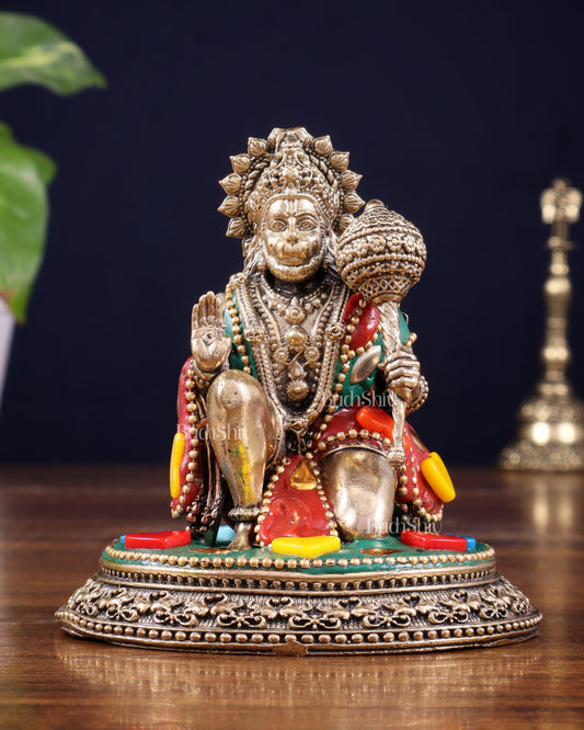 Pure Brass Superfine Lord Hanuman Idol - 3.5 inch with stonework - Sama Homes Idol - Brass Sculpture