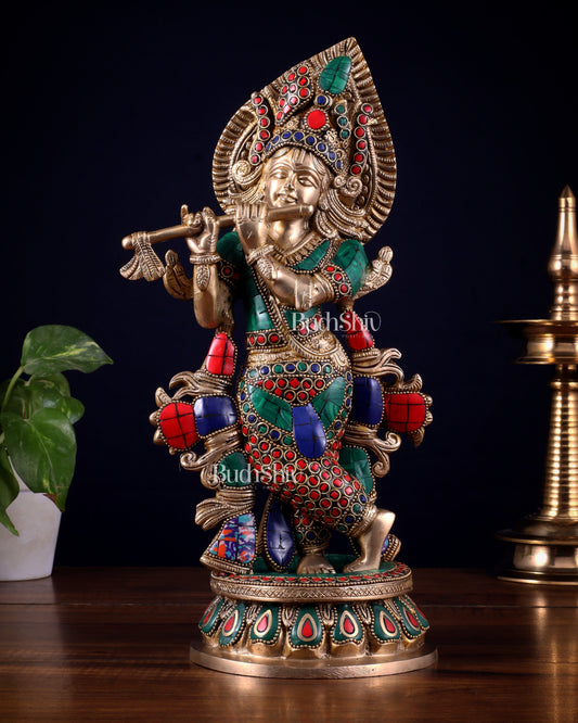Pure Brass Lord Krishna multicolour Idol – 12.5 Inch - Sama Homes Idol - Brass Sculpture