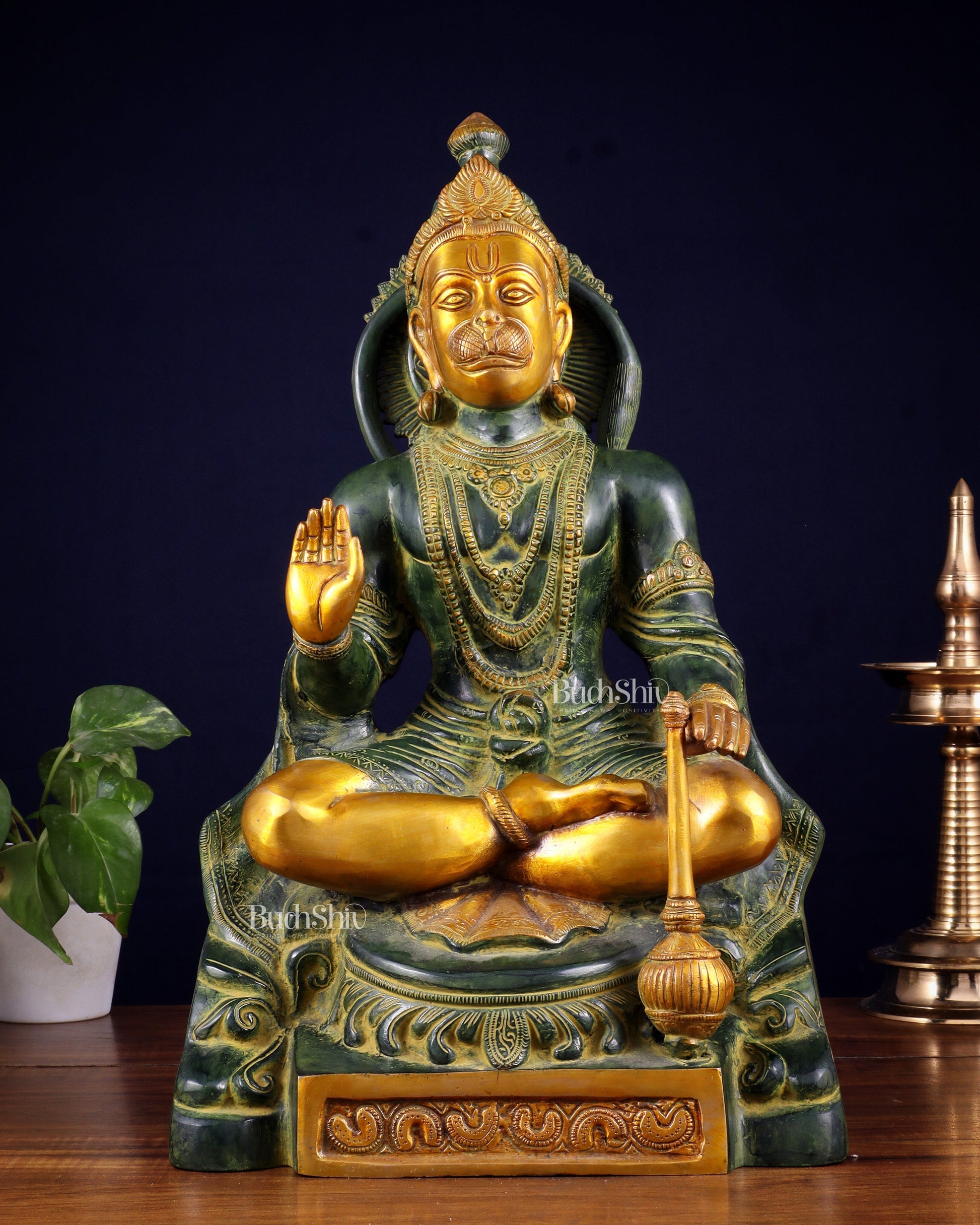 Brass Blessing Hanuman Statue – Green Tone, 17.5 Inch | 100% Certified Copper & Brass - Sama Homes Idol - Brass Sculpture - Eco-friendly - Sama Homes
