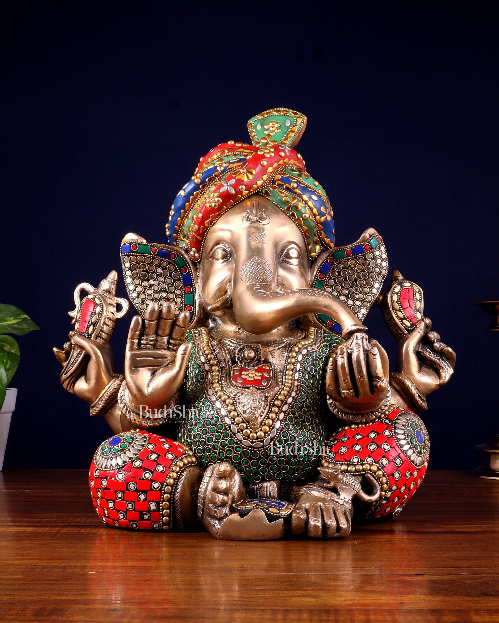 Brass Ganesha statue wearing a turban idol 14" meenakari Stonework | 100% Certified Copper & Brass - Sama Homes Idol - Brass Sculpture - Eco-friendly - Sama Homes