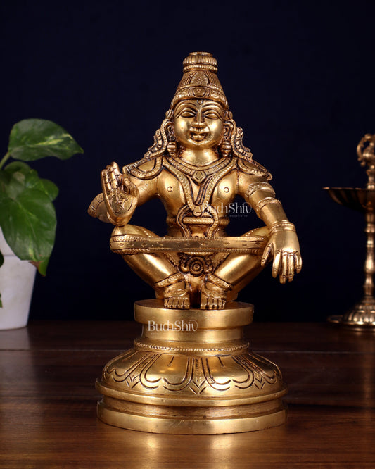 Brass Ayyappan Statue 8.5" antique finish | 100% Certified Copper & Brass - Sama Homes Idol - Brass Sculpture