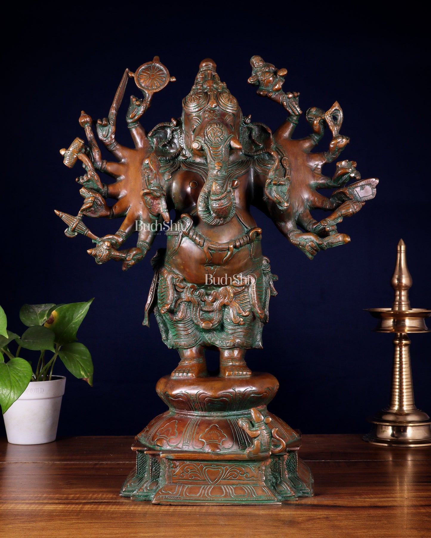 Brass Standing Ganesha Statue with Sixteen Arms - 19" veer ganapathy sculpture | 100% Certified Copper & Brass - Sama Homes Idol - Brass Sculpture