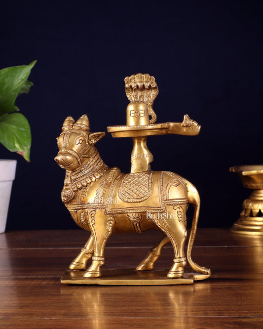 Brass standing Nandi with Shiva Lingam | 7 inch | 100% Certified Copper & Brass - Sama Homes Idol - Brass Sculpture