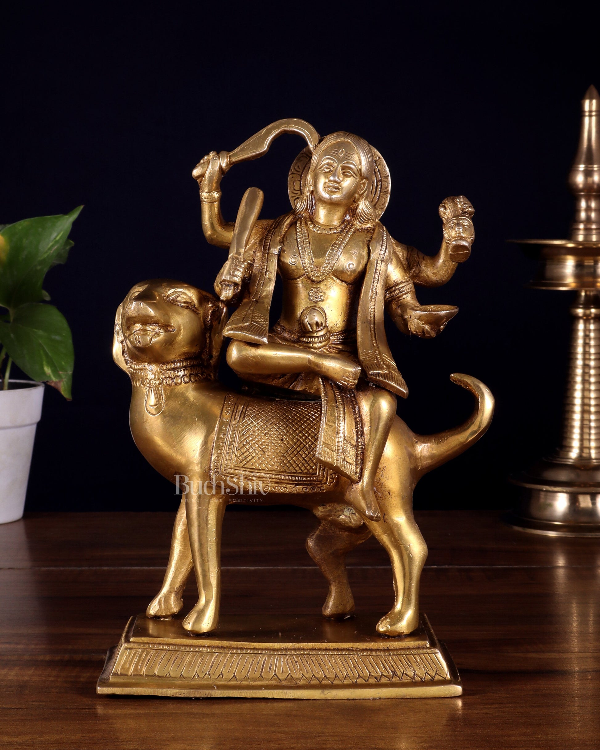 Pure Brass Lord Kaal Bhairava Sitting on Dog Vahana - 9.75" - Sama Homes Idol - Brass Sculpture - Eco-friendly - Sama Homes
