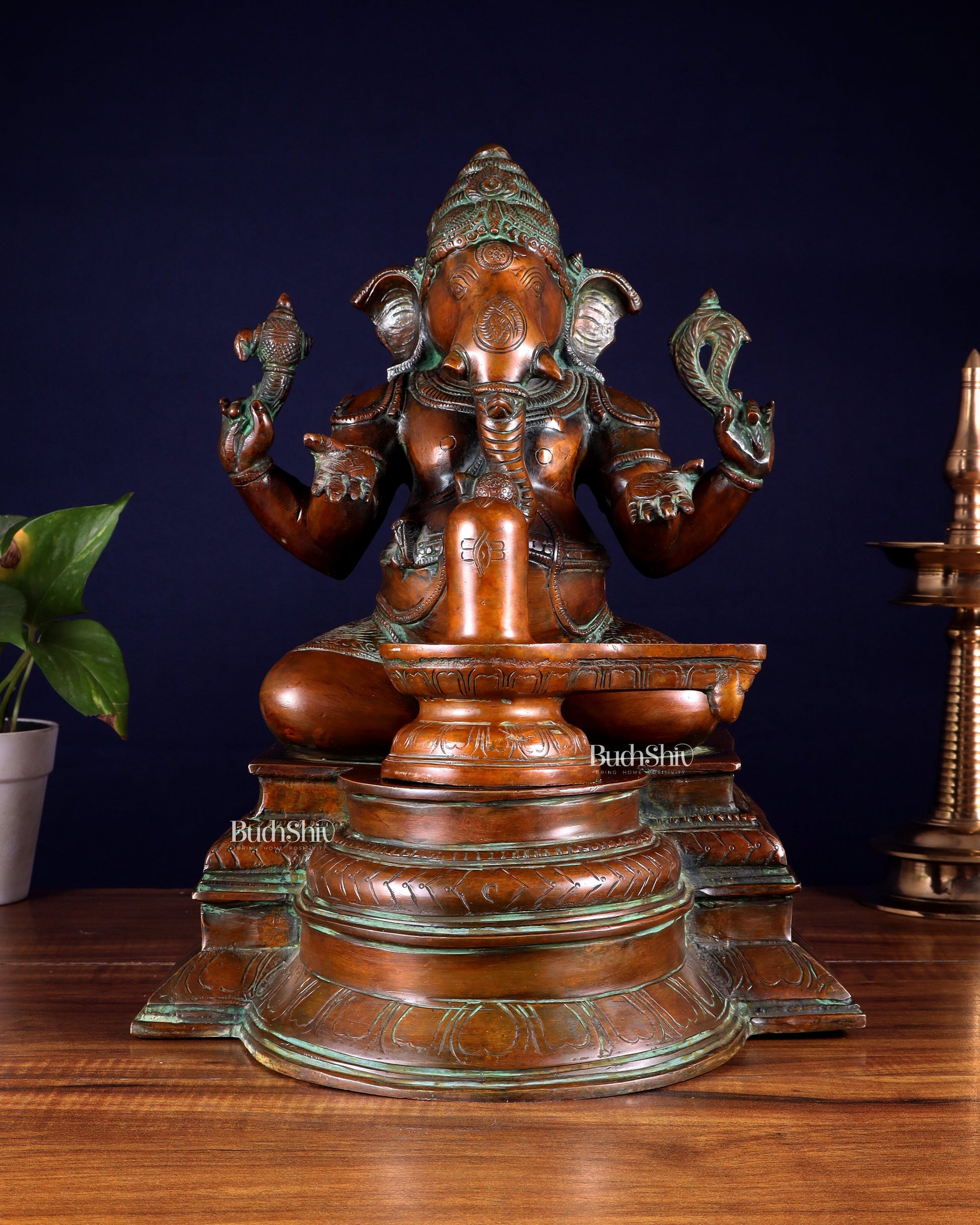 Pure Brass Ganapati with Shiv Ling Statue 14.5 Inch - Sama Homes Idol - Brass Sculpture - Eco-friendly - Sama Homes