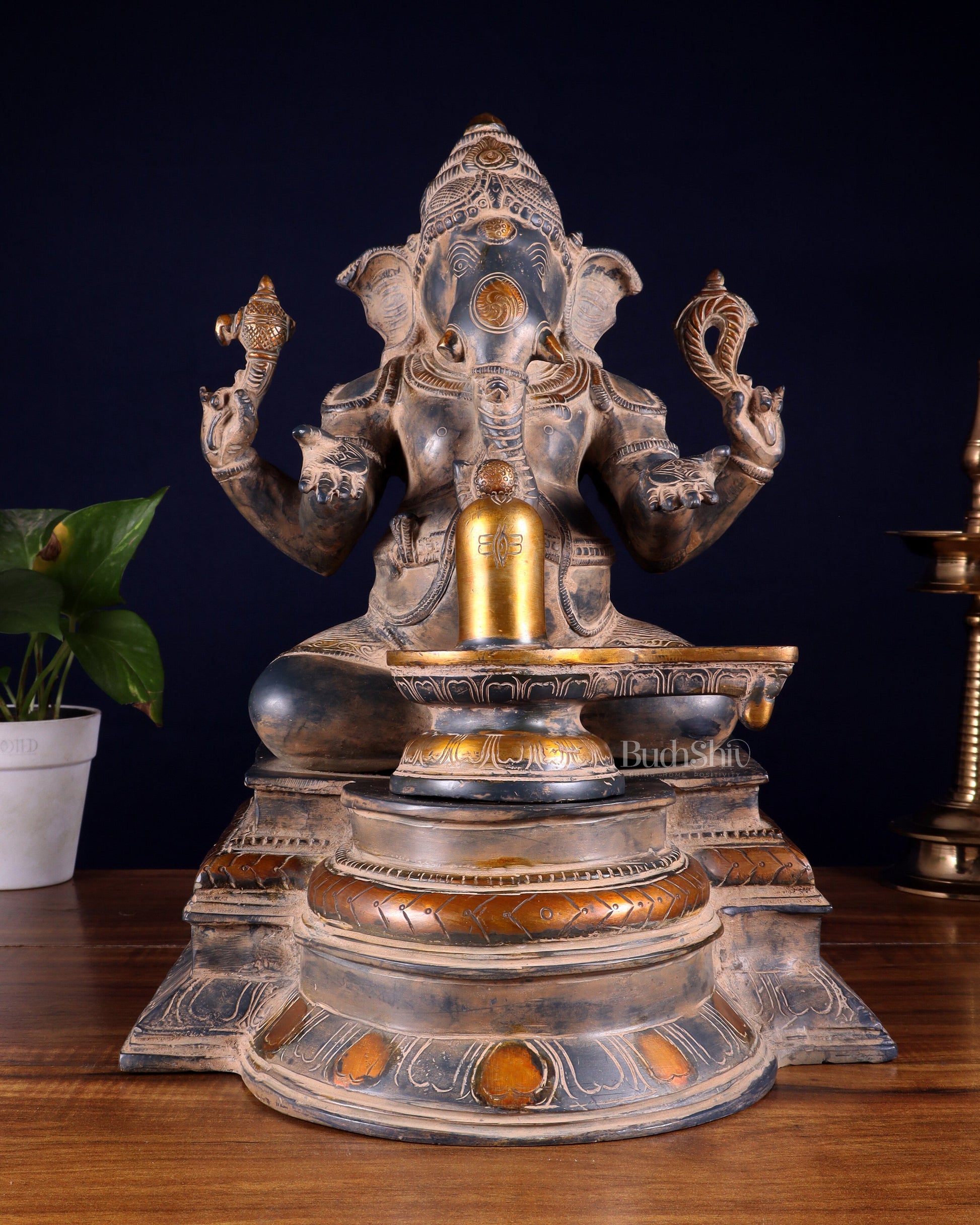 Pure Brass Ganapati with Shiv Ling Statue | Vintage Patina | 14 Inch - Sama Homes Idol - Brass Sculpture - Eco-friendly - Sama Homes