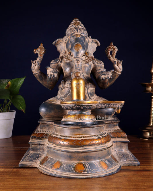 Pure Brass Ganapati with Shiv Ling Statue | Vintage Patina | 14 Inch - Sama Homes Idol - Brass Sculpture