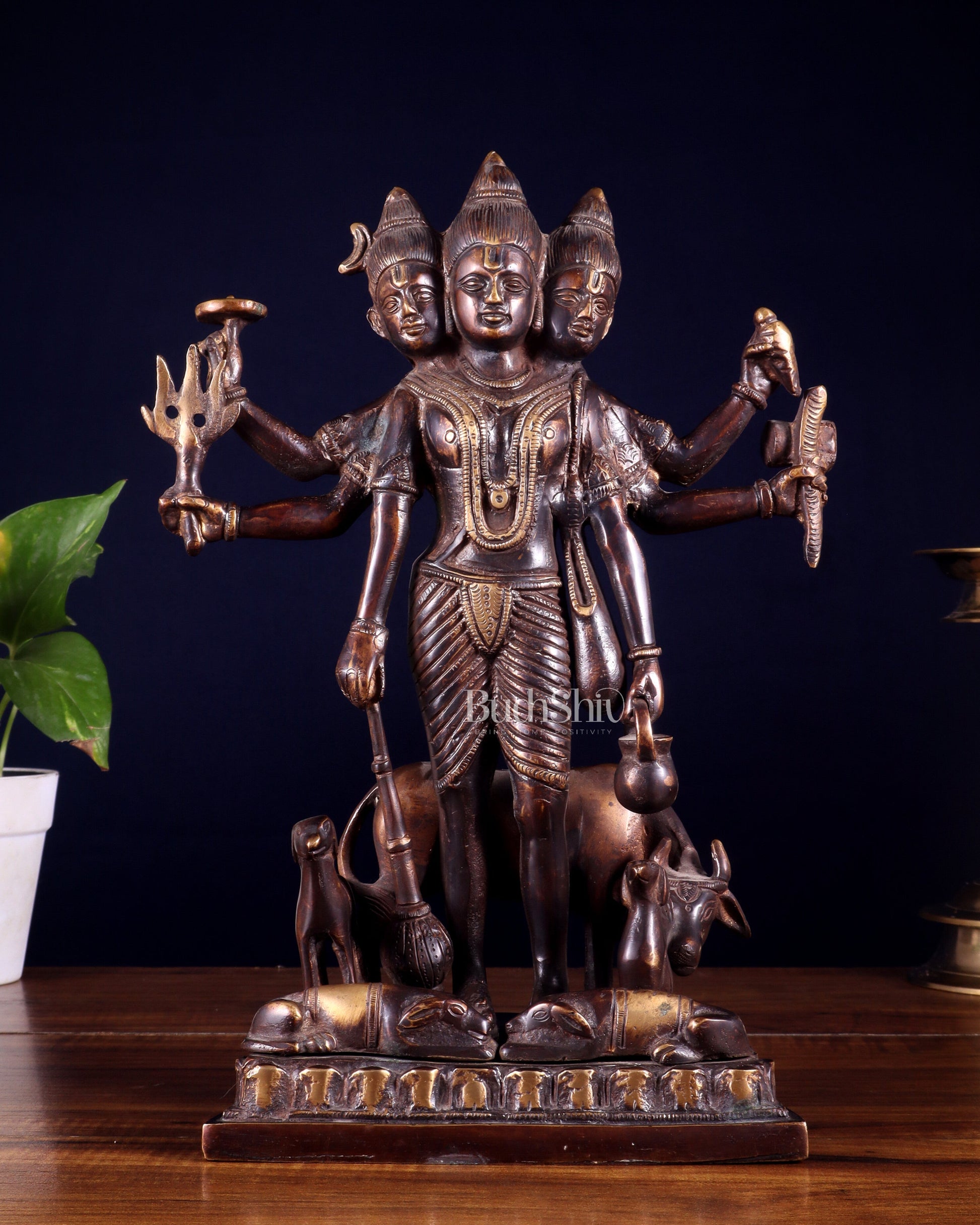 Handcrafted Brass Dattatreya Idol  - 12.5 Inch - Sama Homes Idol - Brass Sculpture - Eco-friendly - Sama Homes