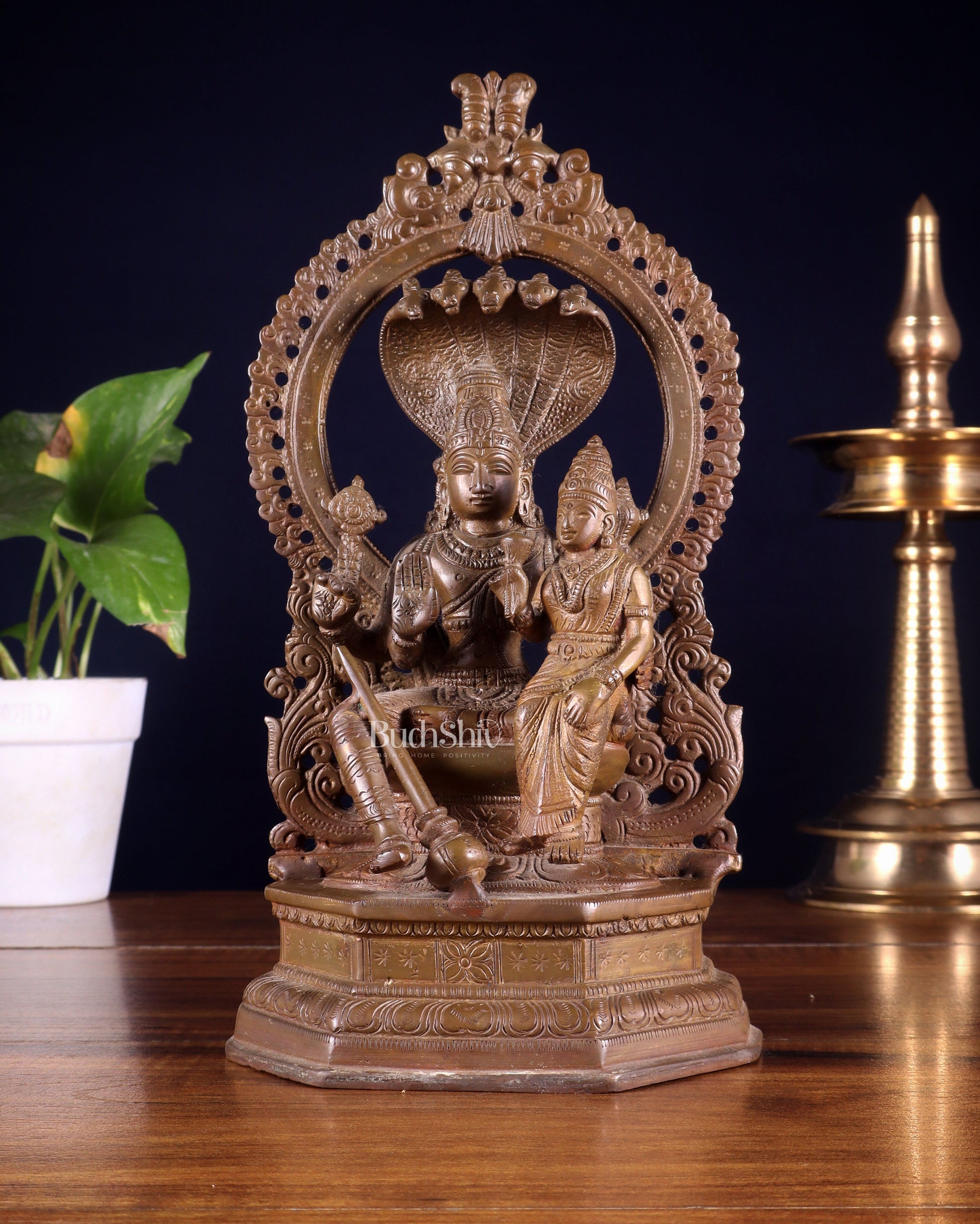 Pure Brass Vishnu Lakshmi Idol Seated on Sheshanaaga - 10" copper tone - Sama Homes Idol - Brass Sculpture - Eco-friendly - Sama Homes