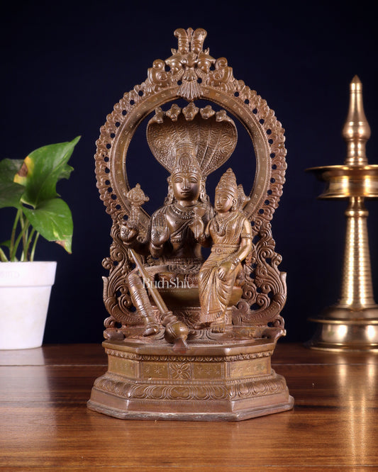 Pure Brass Vishnu Lakshmi Idol Seated on Sheshanaaga - 10" copper tone - Sama Homes Idol - Brass Sculpture