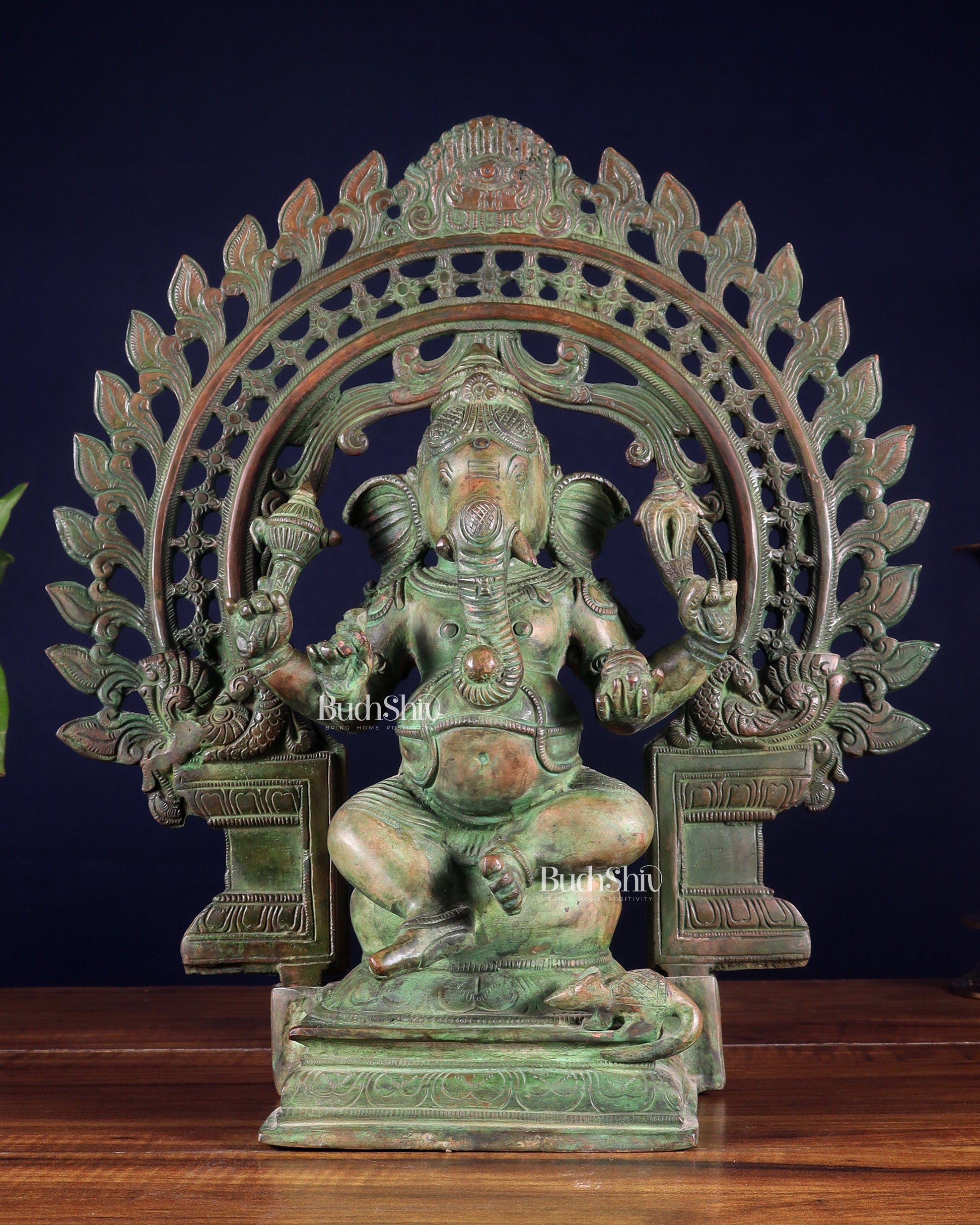 Pure Brass Vintage Lord Vinayaka (Ganesha) with Prabhavali - Green Patina, 15.5" - Sama Homes Idol - Brass Sculpture - Eco-friendly - Sama Homes