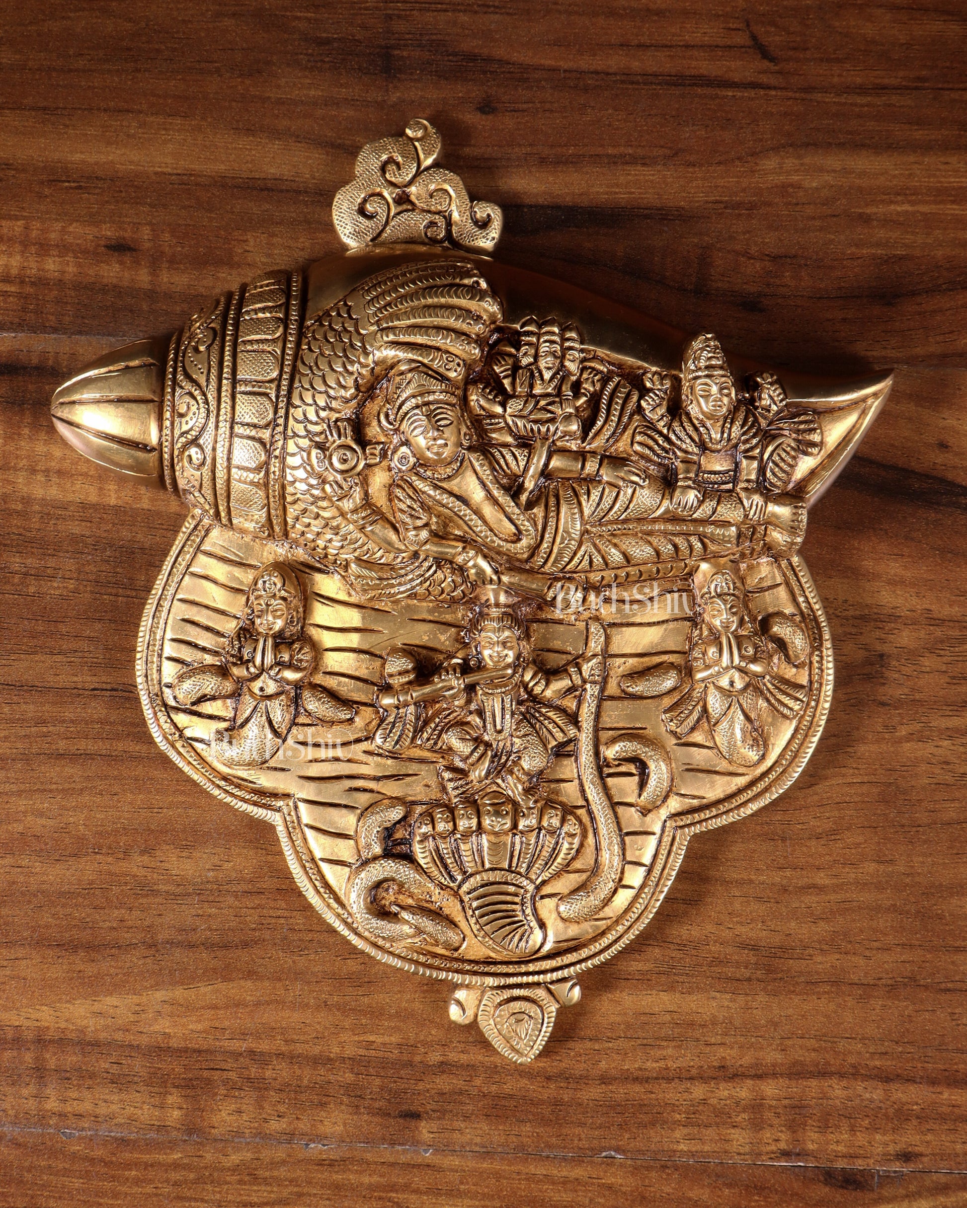 Pure Brass Lakshmi Narayana with Kalinga Krishna Carved on Shankh | Wall Hanging - Sama Homes Idol - Brass Sculpture - Eco-friendly - Sama Homes