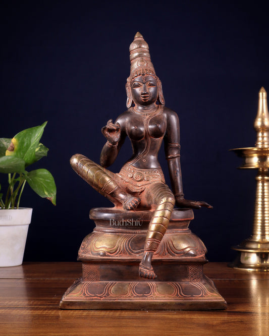 Pure Brass Bhoga Shakti Seated Parvati Idol - 12" - Sama Homes Idol - Brass Sculpture