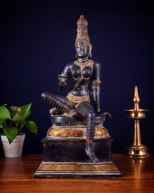 Brass Bhoga Shakti Seated Parvati Uma Devi Sculpture | Height: 20.5 inch | 100% Certified Copper & Brass - Sama Homes Idol - Brass Sculpture