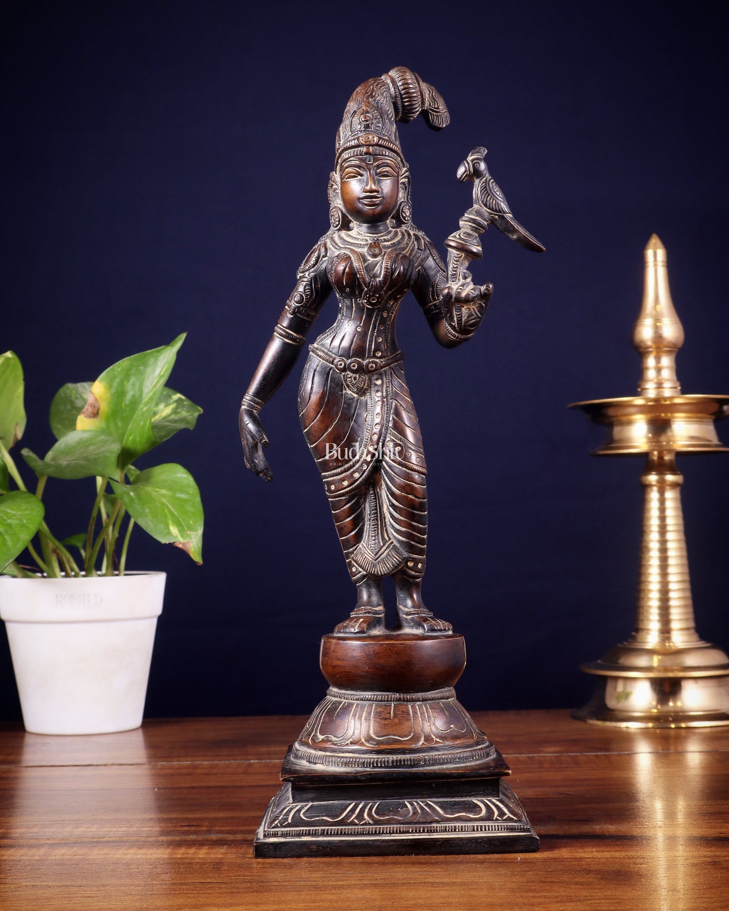 Pure Brass Goda devi Andal with Parrot Idol 12" - Sama Homes Idol - Brass Sculpture