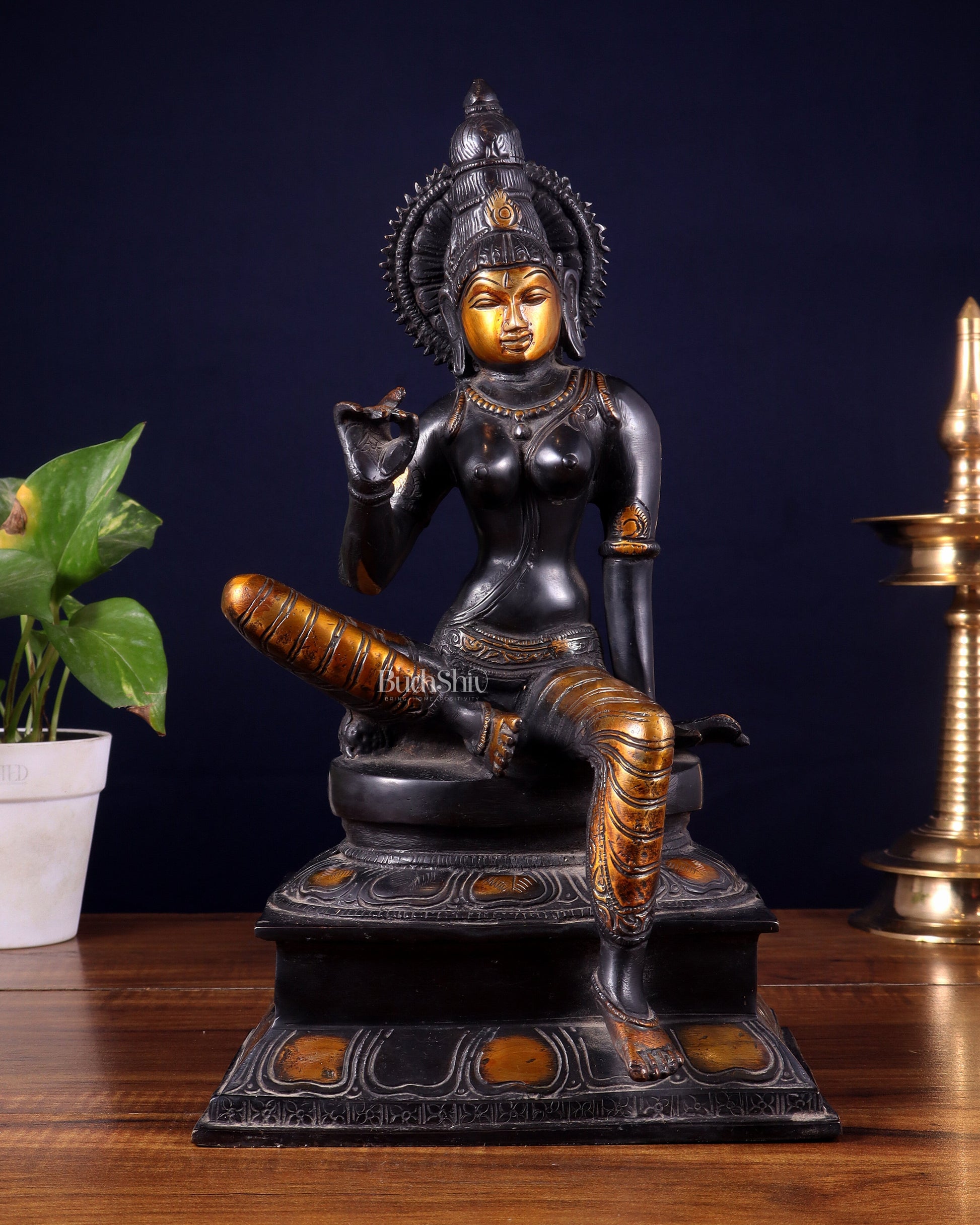 Brass Bhoga Shakti Goddess Uma Parvati Sitting Statue - Black Antique 12.5" | 100% Certified Copper & Brass - Sama Homes Idol - Brass Sculpture - Eco-friendly - Sama Homes