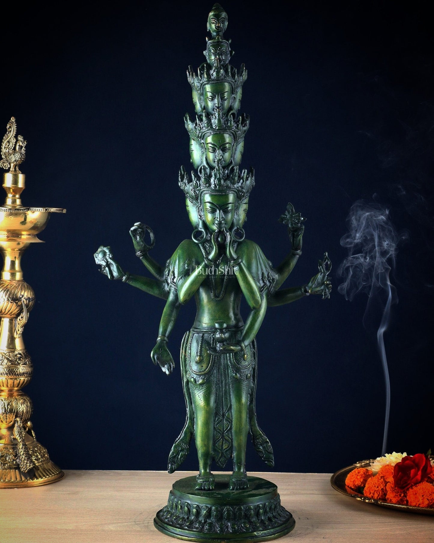 Eleven-Headed Eight-Armed Avalokiteshvara Statue in Brass – Antique Green Patina, 23.2" - Sama Homes Idol - Brass Sculpture