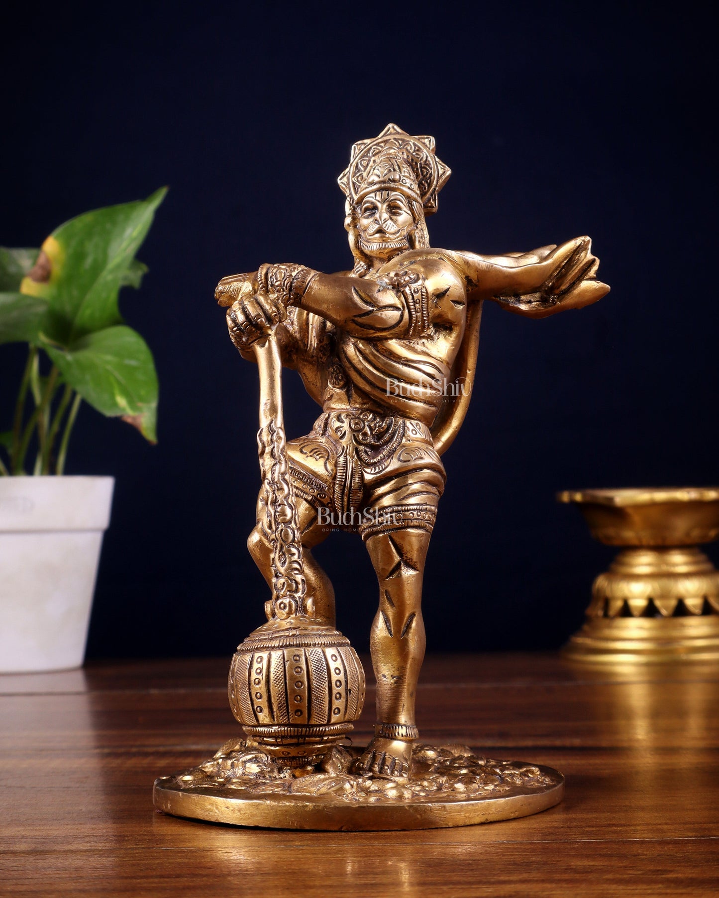 Powerful Standing Hanuman Brass Idol - 7.5" Height, Superfine Craftsmanship - Sama Homes Idol - Brass Sculpture