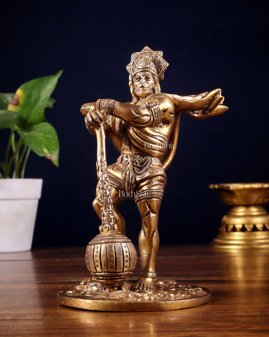 Powerful Standing Hanuman Brass Idol - 7.5" Height, Superfine Craftsmanship - Sama Homes Idol - Brass Sculpture