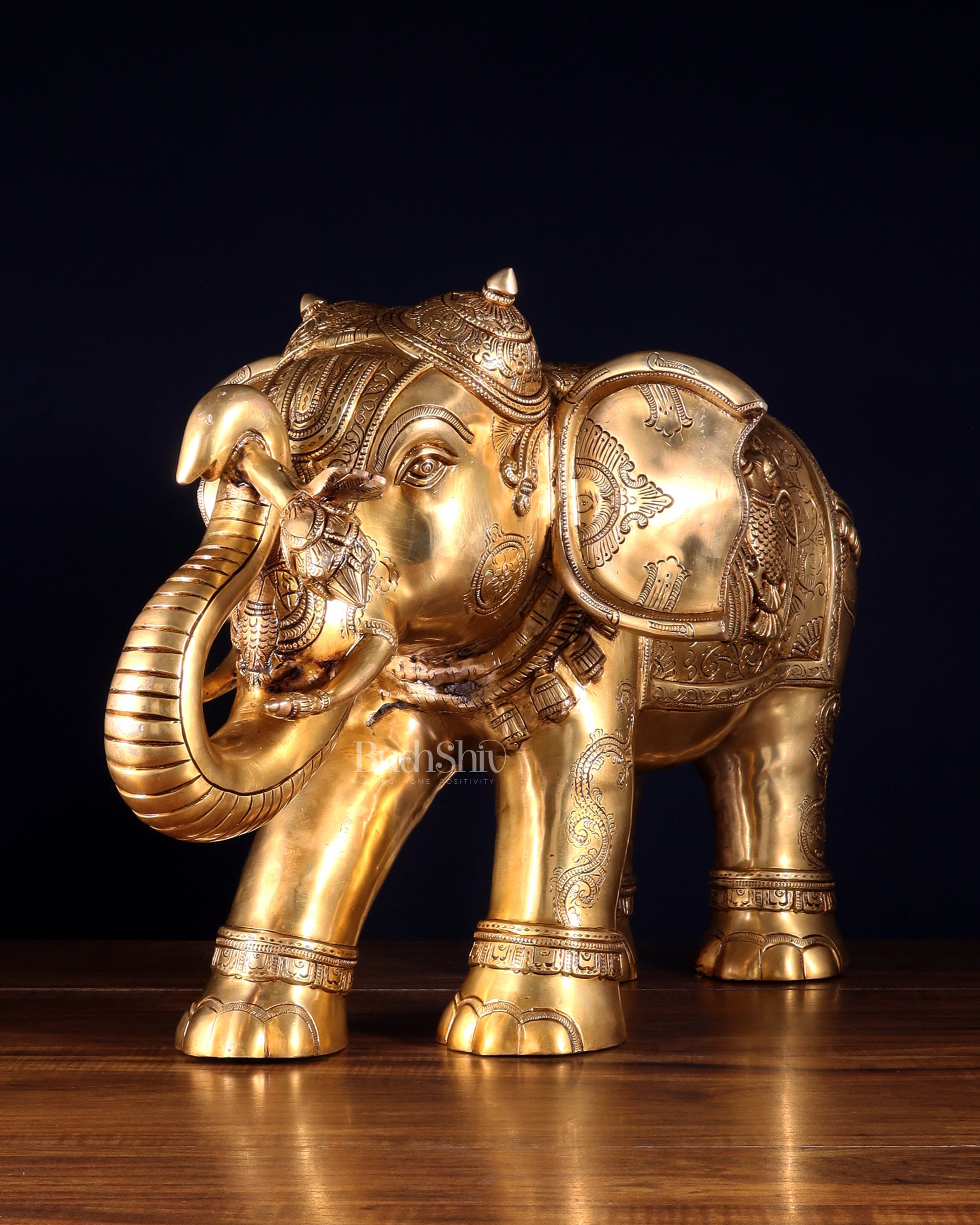 Pure Brass Large Elephant with trunk up Statue with Enhanced Carvings 26" - Sama Homes Idol - Brass Sculpture - Eco-friendly - Sama Homes