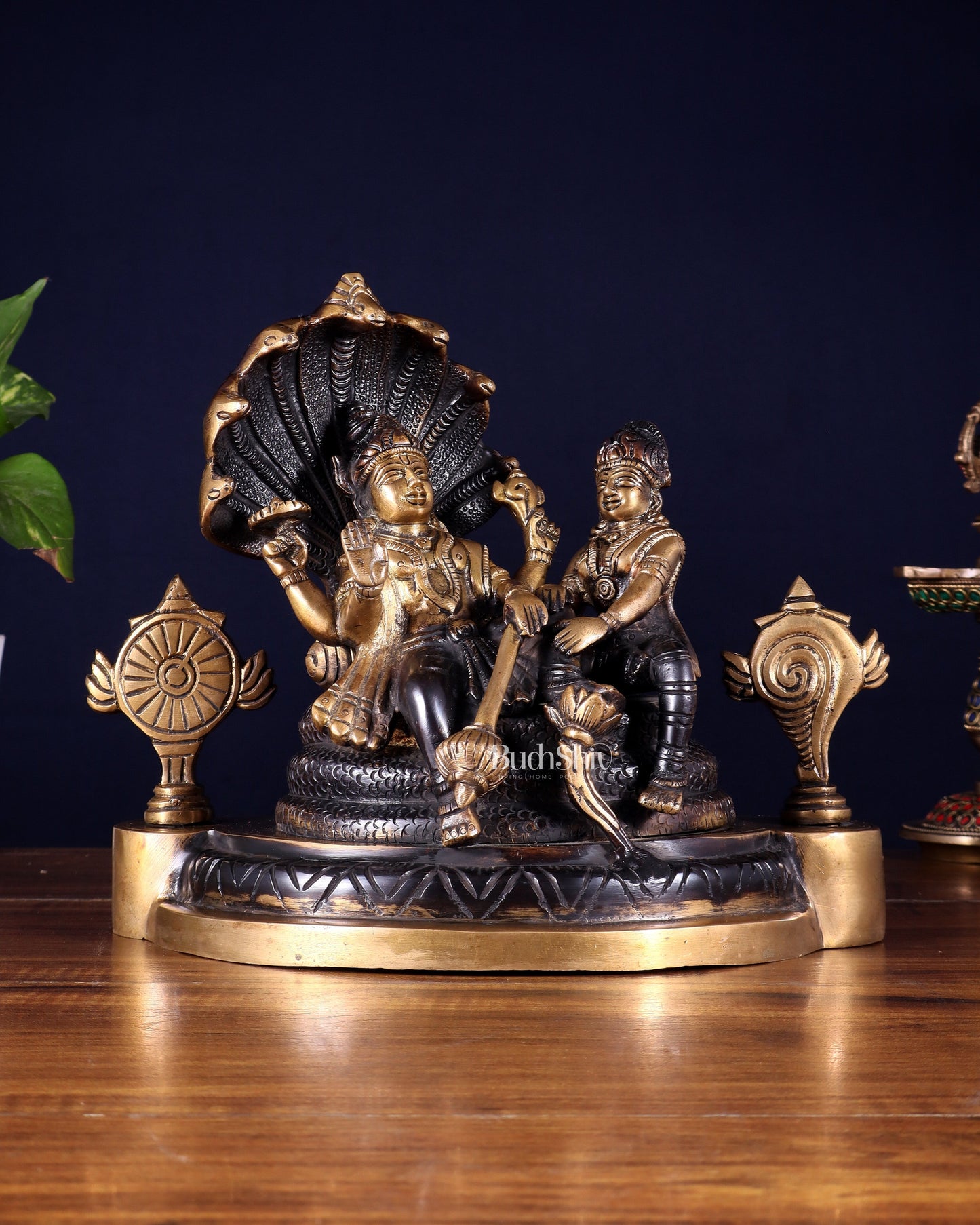 Brass Resting Vishnu Lakshmi Narayan with Shankh Chakra Statue - 8.5 Inch | 100% Certified Copper & Brass - Sama Homes Idol - Brass Sculpture