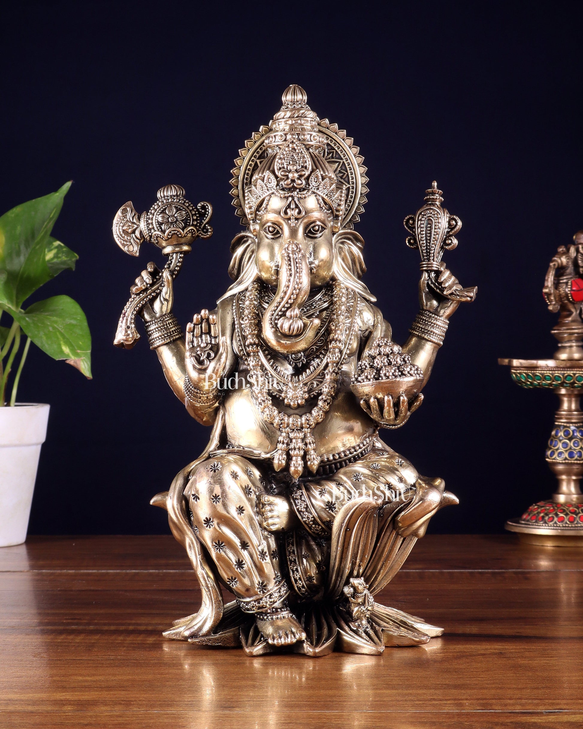 Pure Brass Lord Ganesha Idol – 10 Inch - Sama Homes Idol - Brass Sculpture - Eco-friendly - Sama Homes
