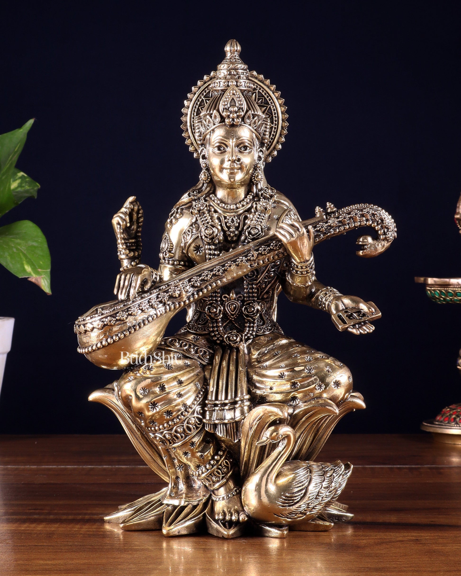 Pure Brass Goddess Saraswati Idol – 10 Inch | Intricately Handcrafted - Sama Homes Idol - Brass Sculpture - Eco-friendly - Sama Homes