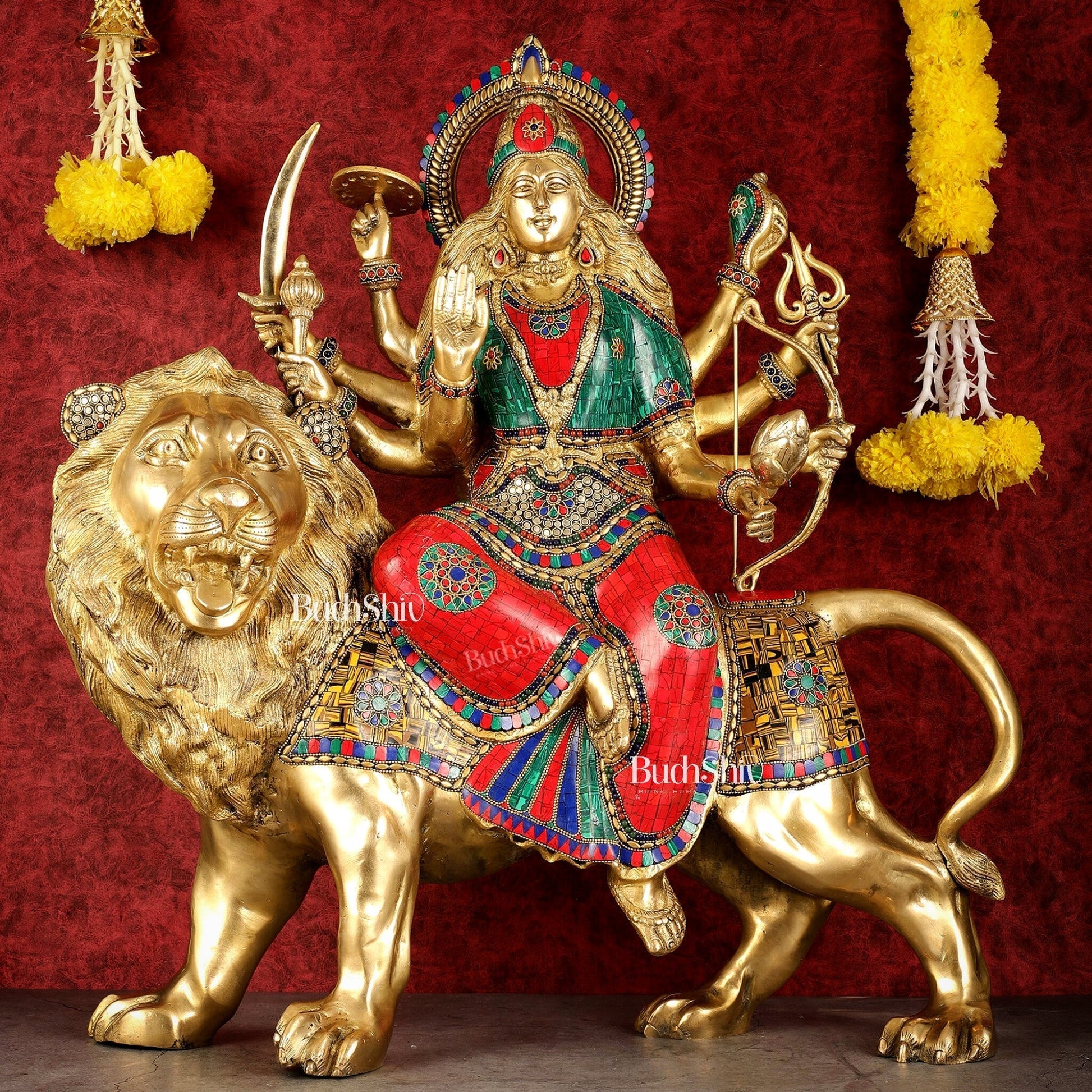 Pure Brass Large Goddess Durga Sherawali Mata Murti - 27 inch - Sama Homes Idol - Brass Sculpture - Eco-friendly - Sama Homes