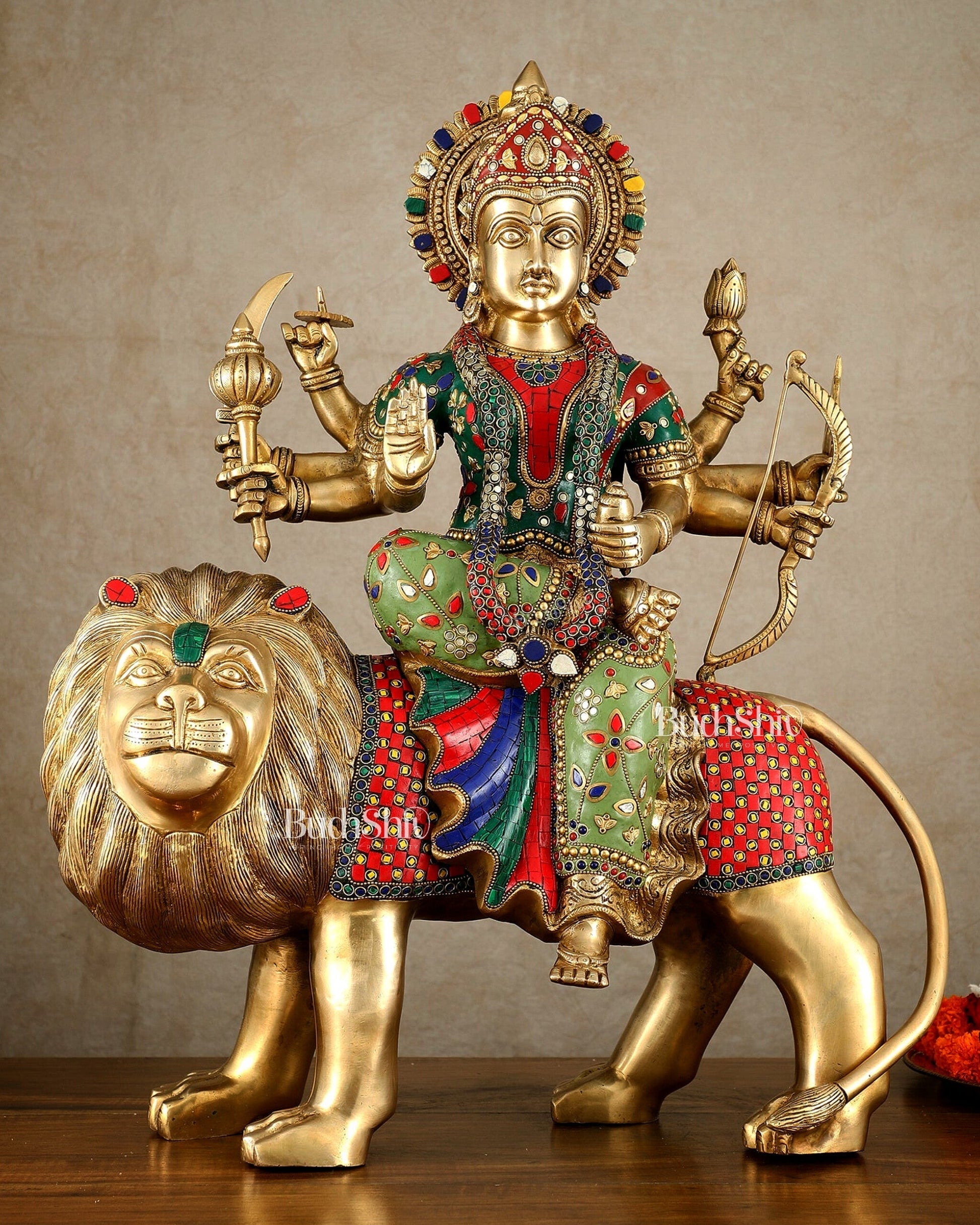 Brass large Durga ma ambe Statue – 24 Inches, Meenakari Stonework | 100% Certified Copper & Brass - Sama Homes Idol - Brass Sculpture - Eco-friendly - Sama Homes