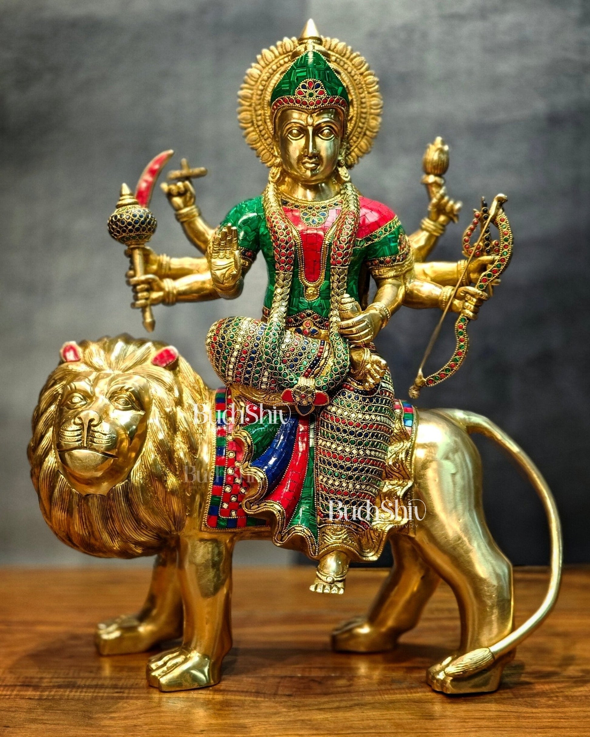 Brass Handcrafted Durga Ashtabhuja Statue – 24 Inches, Meenakari Stonework | 100% Certified Copper & Brass - Sama Homes Idol - Brass Sculpture - Eco-friendly - Sama Homes