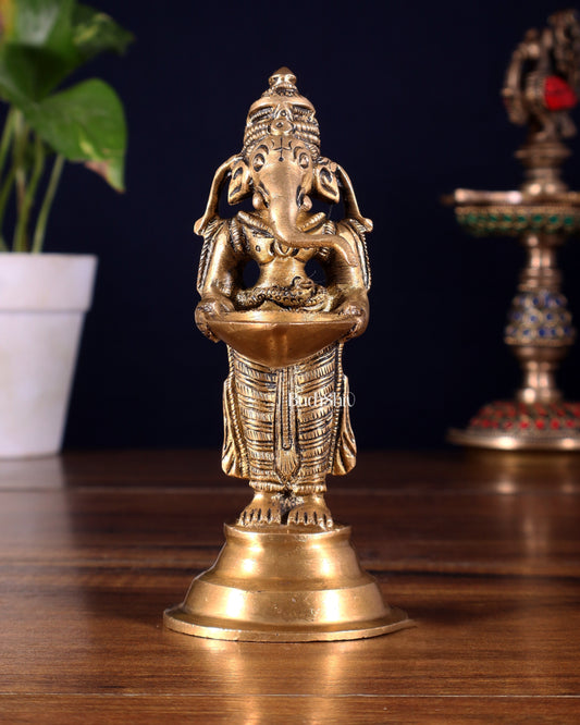Brass Ganesha Holding Single Diya Statue 5.5" | 100% Certified Copper & Brass - Sama Homes Idol - Brass Sculpture