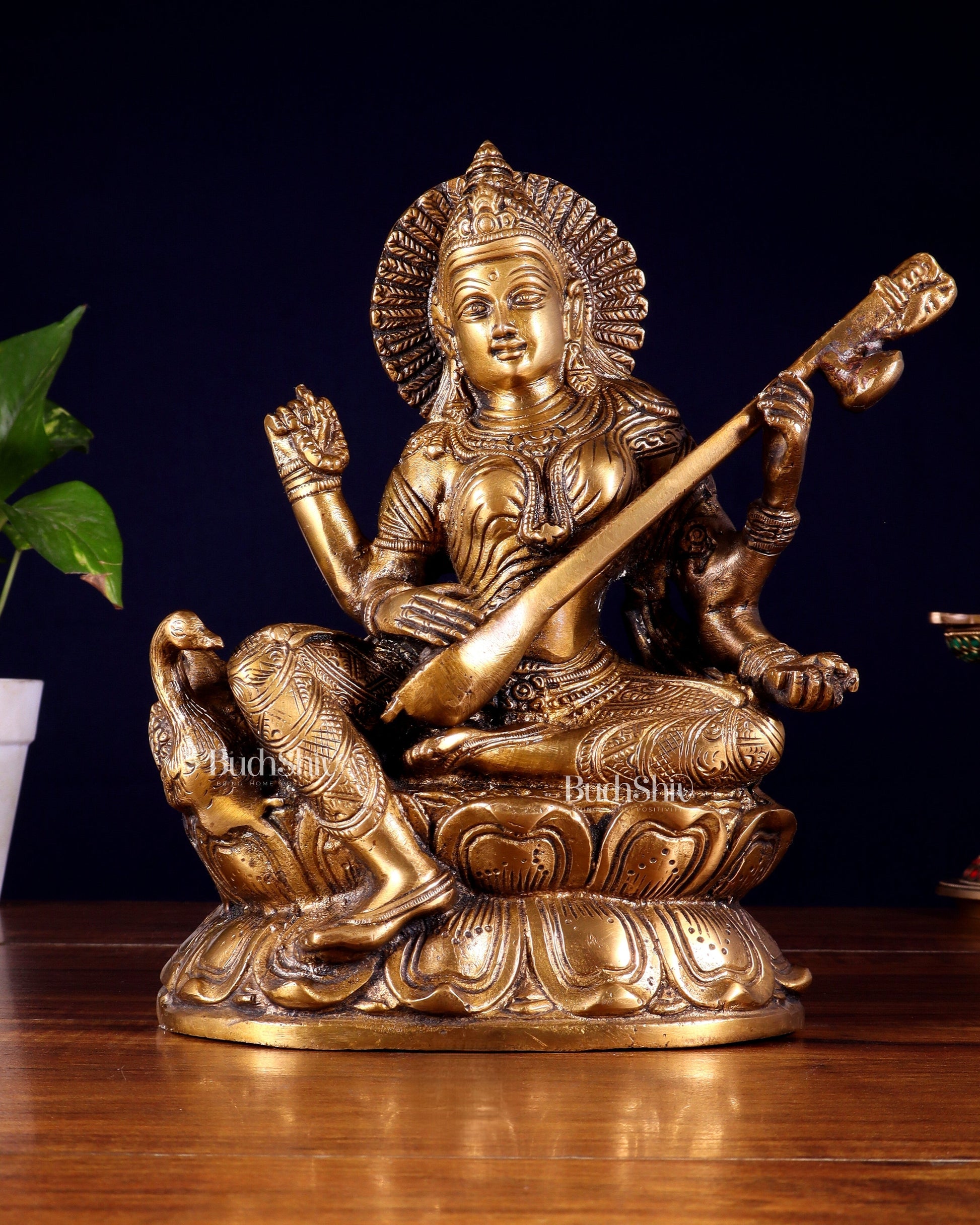 Pure Brass Saraswati with Swan Statue – 9 Inch - Sama Homes Idol - Brass Sculpture - Eco-friendly - Sama Homes