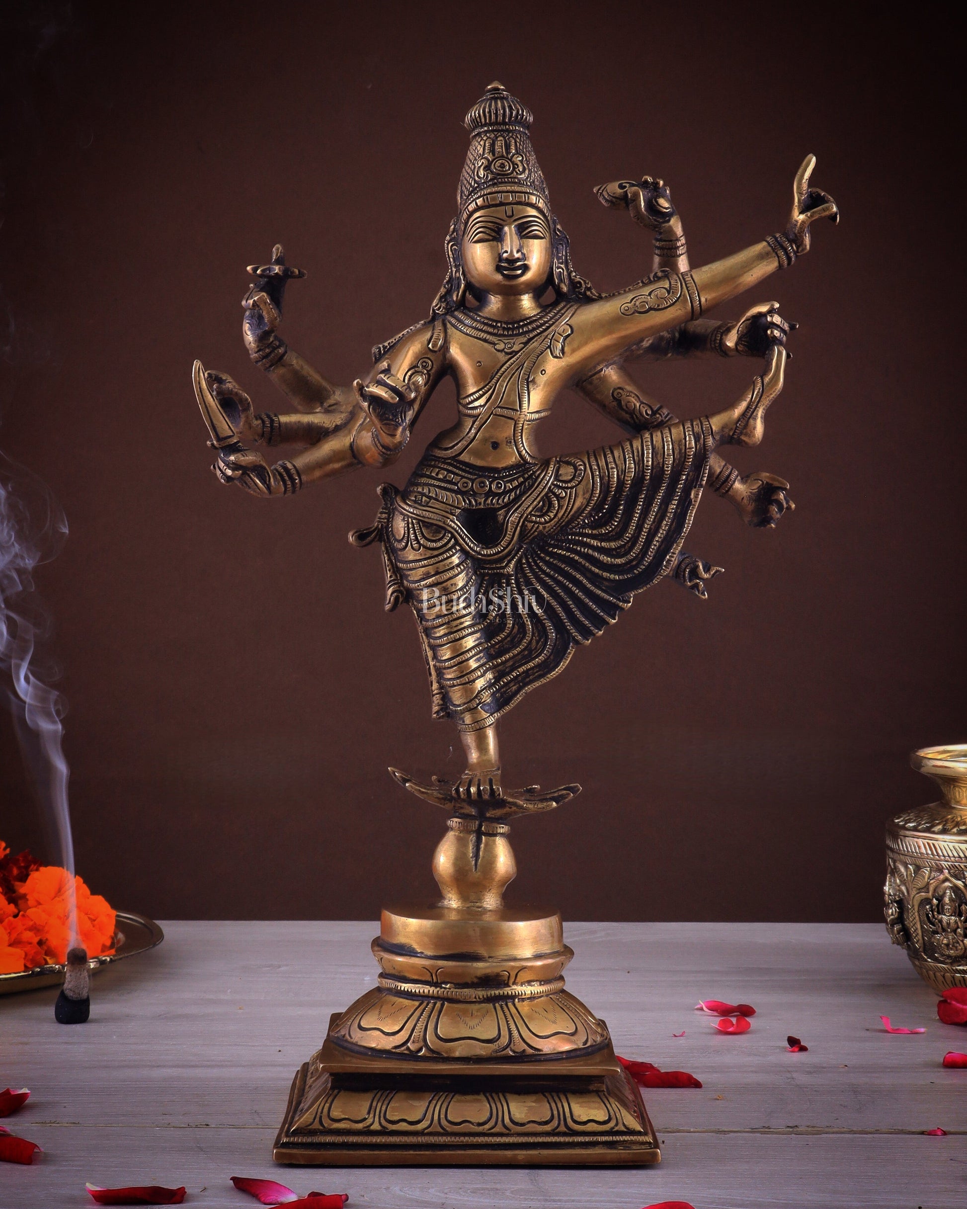 Pure Brass Dancing Vishnu avatar vamana as Thirivikrama with 8 Arms 16 inch - Sama Homes Idol - Brass Sculpture - Eco-friendly - Sama Homes