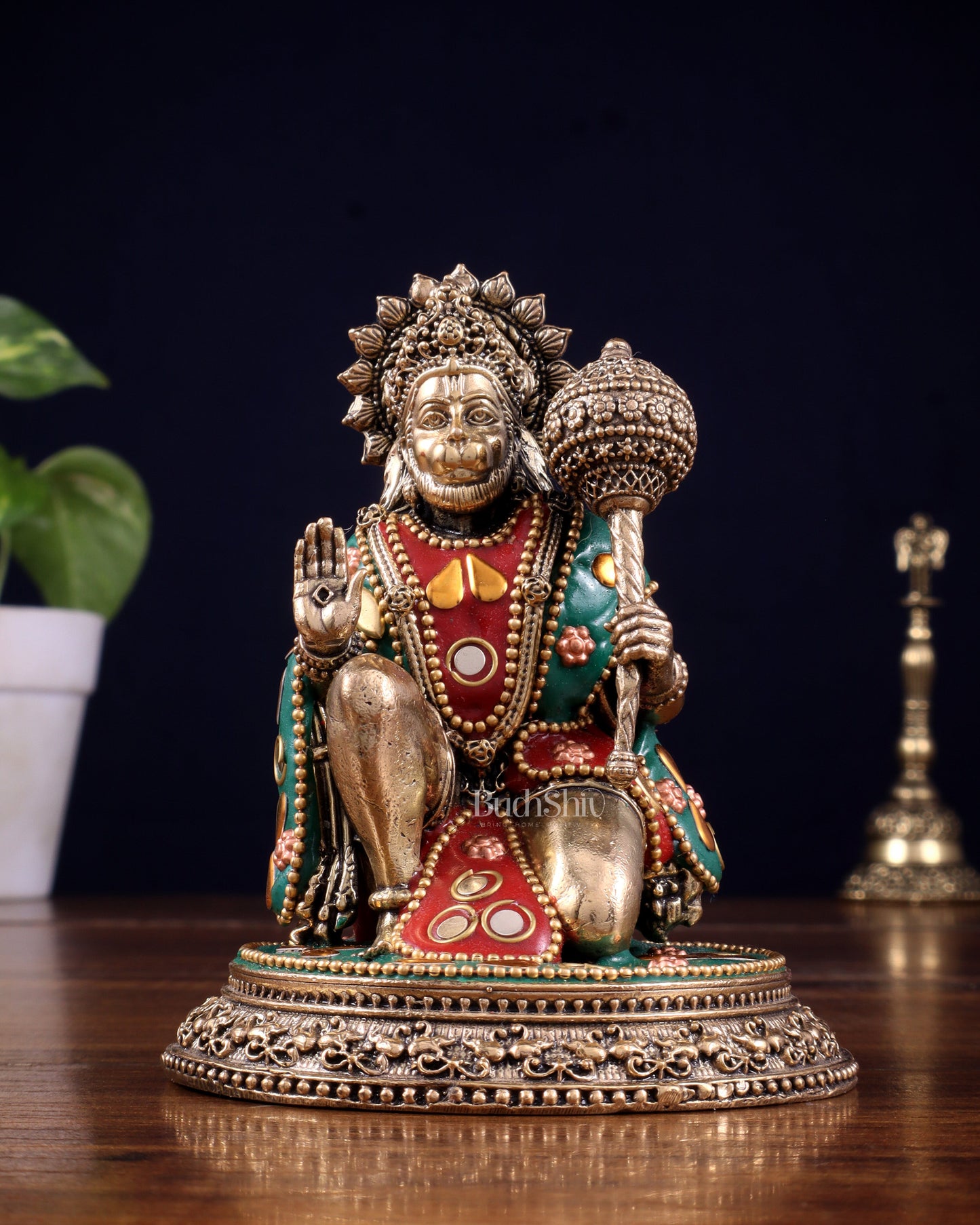 Pure Brass Superfine Lord Hanuman Idol with meenakari Stonework - 4.5 inch - Sama Homes Idol - Brass Sculpture