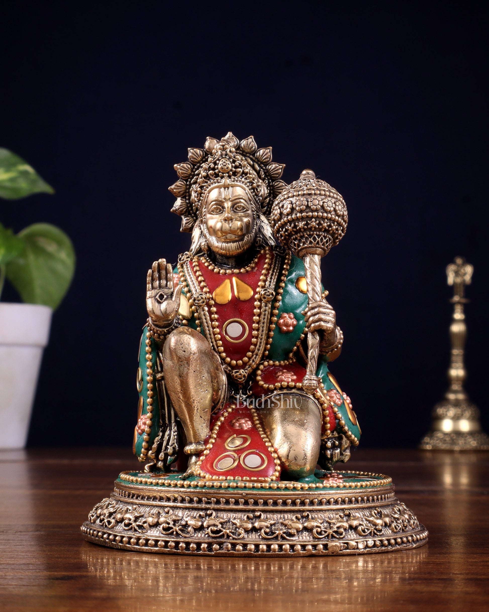 Pure Brass Superfine Lord Hanuman Idol with meenakari Stonework - 4.5 inch - Sama Homes Idol - Brass Sculpture - Eco-friendly - Sama Homes
