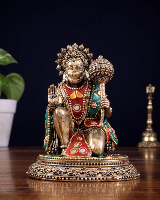 Pure Brass Superfine Lord Hanuman Idol with meenakari Stonework - 4.5 inch - Sama Homes Idol - Brass Sculpture