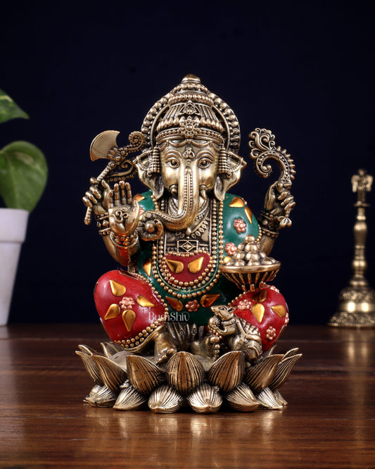 Brass Superfine Intricately Carved Small Right trunk Ganesha Idol with meenakari Stonework - 5" Tall - Sama Homes Idol - Brass Sculpture