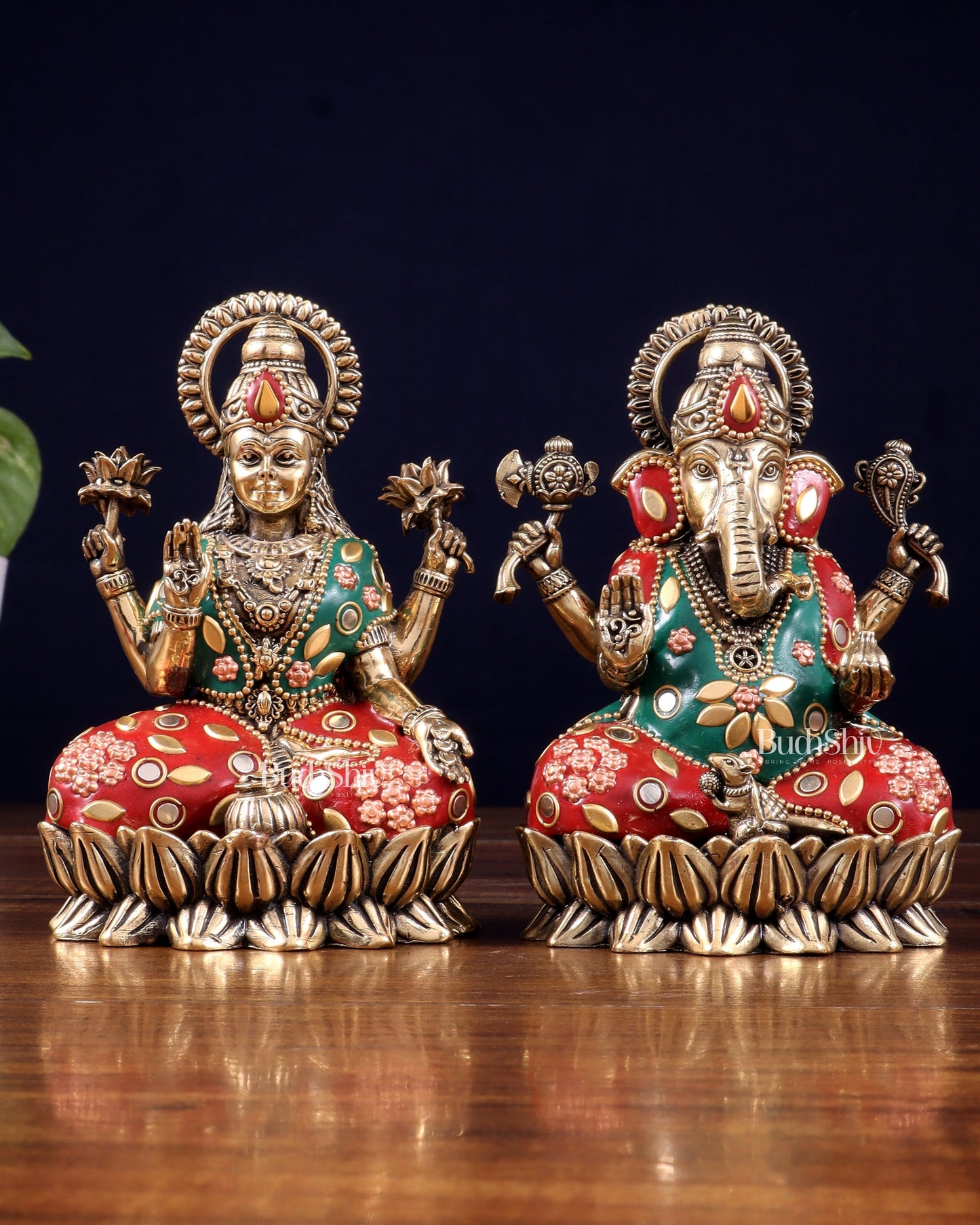 Pure Brass Intricate Ganesha Lakshmi Idols - meenakari Stonework  - 5 inch - Sama Homes Idol - Brass Sculpture